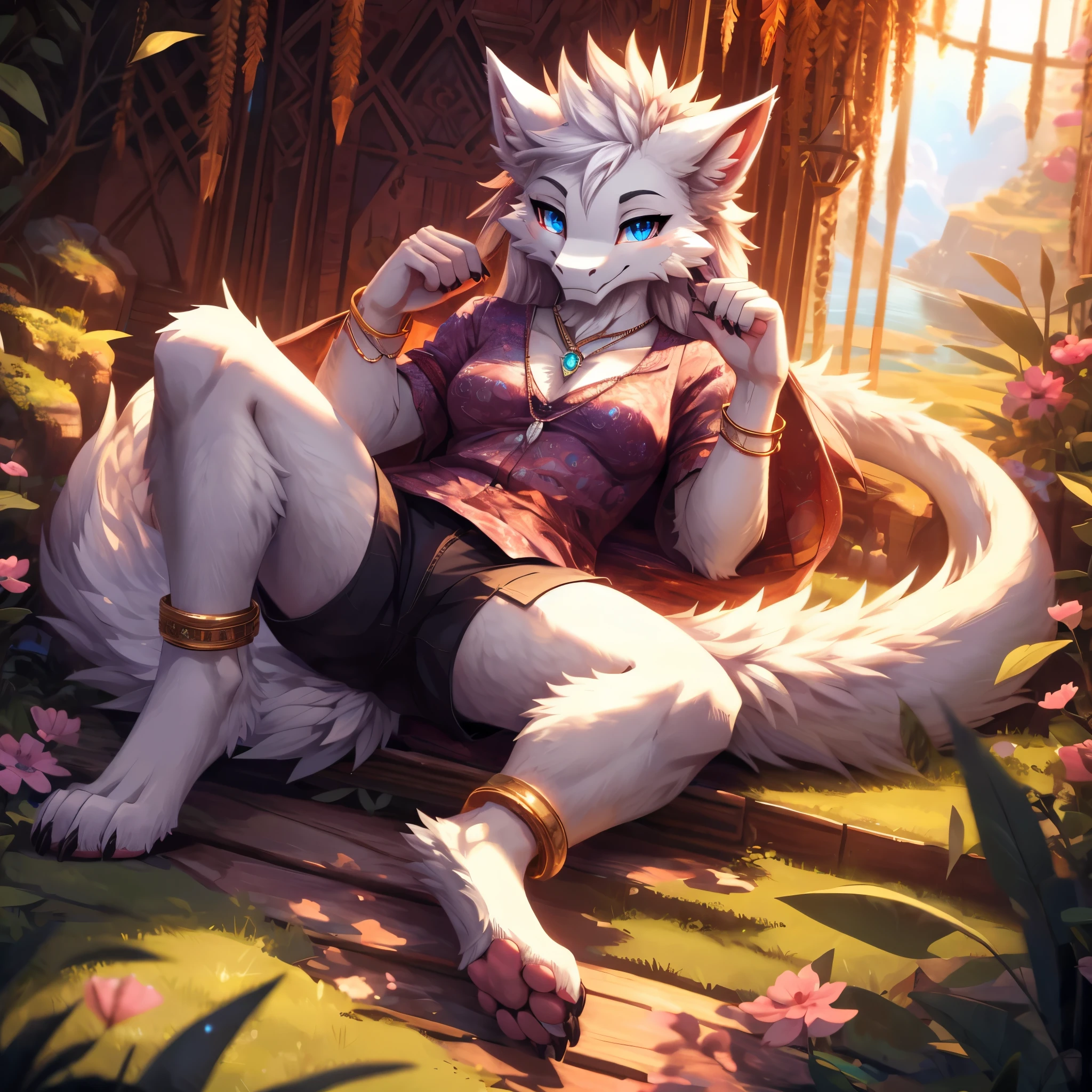 solo,(furred dragon),mature,female,((white fur)),fluffy furs,dragon horns,blue_eyes,cat's eye,tail,handsome,toe claws,digitigrade,lying_on_the_lake,lowleg,pink pawpads,blouse,short_shorts,anklet,bracelet,pendant,clothing details,floating island,Cinematic Lighting,cirrocumulus,perfect lighting,(best quality),(masterpiece),(ultra detailed),sharp focus,(detailed eyes),depth of field,day,Magical