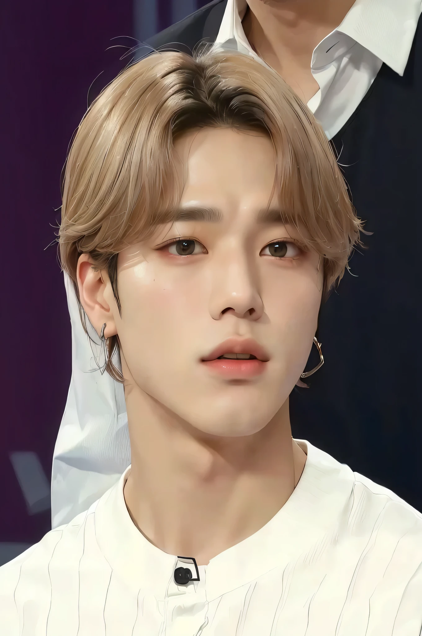 devastated man in white shirt and black vest, Jimin, Jimin\the right eyelid is swollen, Jimin\fleshy lips, jung jaehyun, park Jimin, Jimin\the Greek nose, accurate Jimin face, kpop idol portrait, hyung tae, yanjun chengt, Shin Jeongho, cai xukun, Tae June Kim, black hair, hair color black, Bblack hair HAIR BLACK BLACK PRETO, Bblack hair