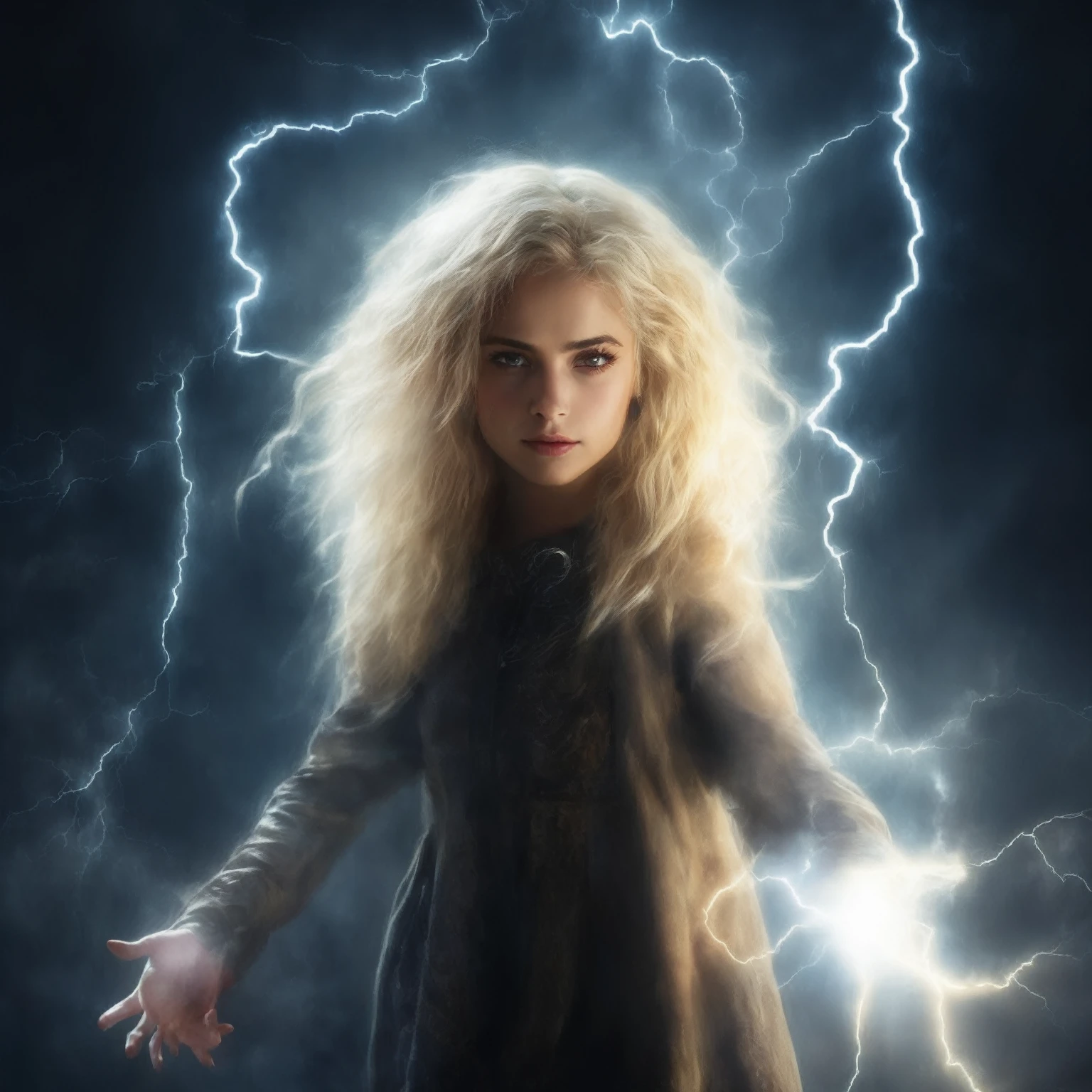 blond woman with lightning in the background,  with magical powers, lightning fantasy magic, she is attracting lightnings, maya ali as a lightning mage, splashes of lightning behind her, portrait of magical young girl, magic and lightning, goddess of lightning, maya ali as a storm sorcerer, casting a powerful spell, electrifying, with lightning, fantasy character photo