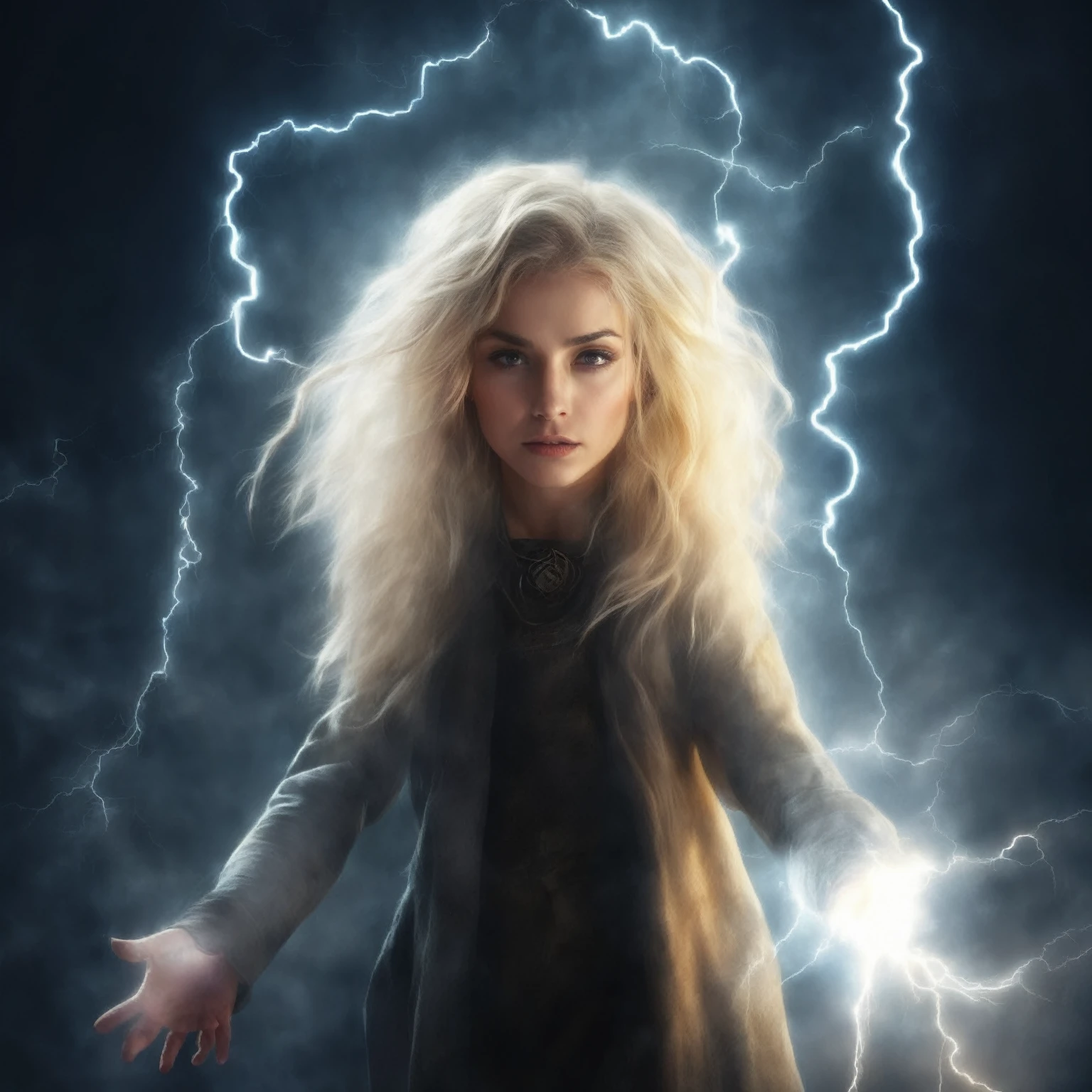 blond woman with lightning in the background,  with magical powers, lightning fantasy magic, she is attracting lightnings, maya ali as a lightning mage, splashes of lightning behind her, portrait of magical young girl, magic and lightning, goddess of lightning, maya ali as a storm sorcerer, casting a powerful spell, electrifying, with lightning, fantasy character photo