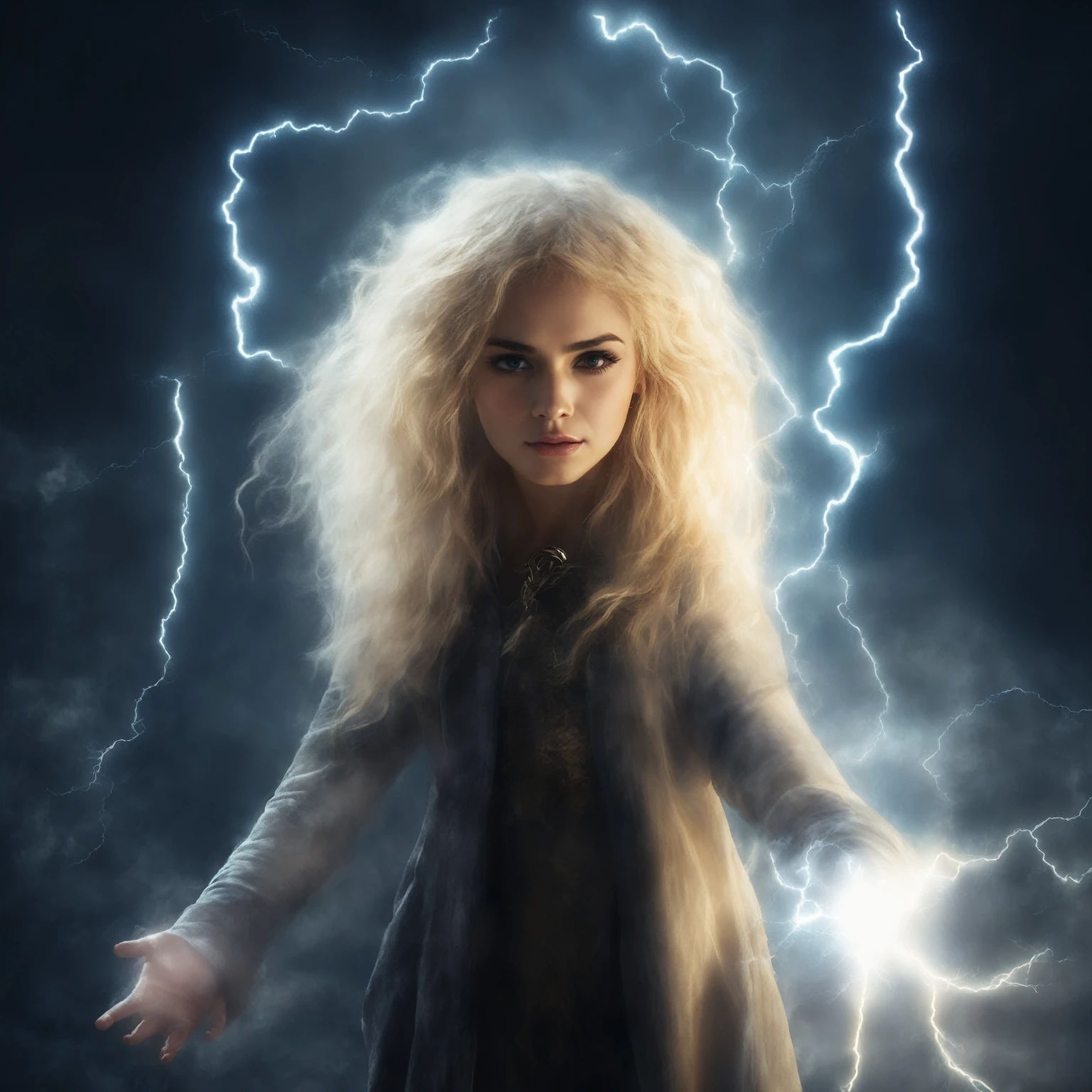 blond woman with lightning in the background, with magical powers, lightning fantasy magic, she is attracting lightnings, maya ali as a lightning mage, splashes of lightning behind her, portrait of magical young girl, magic and lightning, goddess of lightning, maya ali as a storm sorcerer, casting a powerful spell, electrifying, with lightning, fantasy character photo