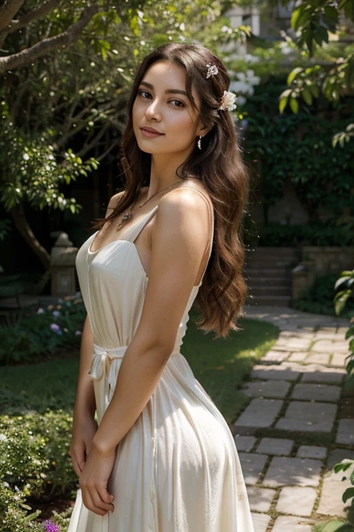 Image Title: "Ethereal Beauty"][Description]: In this image, we see the epitome of beauty, a lady who transcends time and culture. She embodies grace, elegance, and serenity.[Image Details]:Setting: The background is a lush, enchanting garden filled with blooming flowers of every color. The sky above is a serene blue, with soft, fluffy clouds scattered across it. A gentle stream flows through the garden, reflecting the vibrant colors around it.Appearance:Face: Her face is perfectly symmetrical, with soft, flawless skin that glows naturally. Her eyes are large and expressive, a deep, captivating color that seems to hold the secrets of the universe. Long, dark lashes frame her eyes, enhancing their allure.Hair: Her hair is long, flowing, and lustrous, cascading down her back in soft waves. It shimmers in the sunlight, adding to her ethereal appearance.Smile: Her smile is warm and inviting, with perfectly aligned teeth that shine like pearls. Her lips are naturally full and have a soft, rosy hue.Attire: She is wearing a flowing, elegant dress made of the finest silk. The dress is a soft pastel color that complements her complexion. It has intricate embroidery along the edges, adding a touch of sophistication. The dress moves gracefully with her, adding to her enchanting presence.Accessories: She wears a delicate necklace with a single, radiant gemstone that catches the light beautifully. Her earrings are simple yet elegant, adding a touch of sparkle without overwhelming her natural beauty.Pose: She stands gracefully, one hand gently holding a flower from the garden. Her posture is poised and regal, exuding confidence and grace. She looks off into the distance, lost in thought, adding a sense of mystery to her allure.Lighting: The lighting is soft and natural, highlighting her features perfectly. Sunlight filters through the trees, creating a dreamy, ethereal effect.