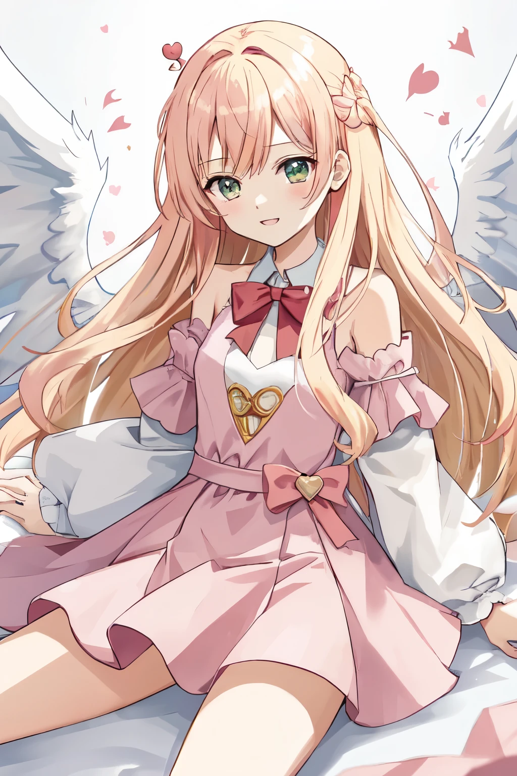 1_girl, (anime, kawai:2), (masterpeice, best_quality, clean:1.5), (sky_background:1.2), (cute, cute_smile, wholesome, young:1.8), (delicate, extremely_delicate, beautiful, thin:1.5), (girlfriend, angel:1.8), (green_eyes, simple_eyes:1.8) (long_hair, blond_hair:1.8), (combat:1.2), (wearing_pink_dress, pink_angel_wings:1.8), (combat:1.2), extremely_delicate, (love_magic:1.5), (age_size_fits_body), (small_thighs:1.3), (breasts), (eye_level:1.3), (heart_magic, love:1.8), (warm:1.8), (folded_legs:1.5)