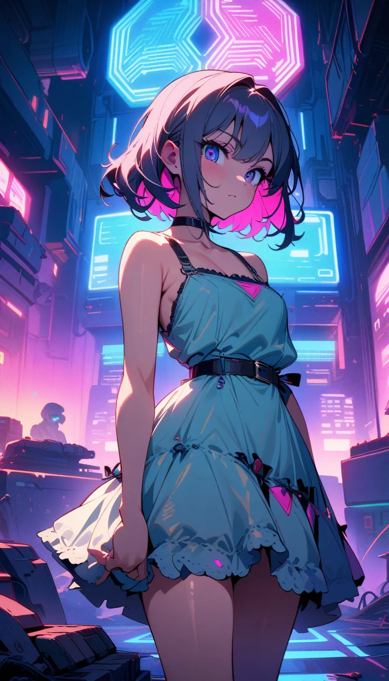 ((best quality)) , ((masterpiece)) , (detailed)，Color splash, (((1girl))) , wearing Shabby Chic Wrap dress, has metallic plating, Colored hair, ((Fossil fuel power station)) in background,  retro cyberpunk  . 80's inspired, synthwave, neon, vibrant, detailed, retro futurism