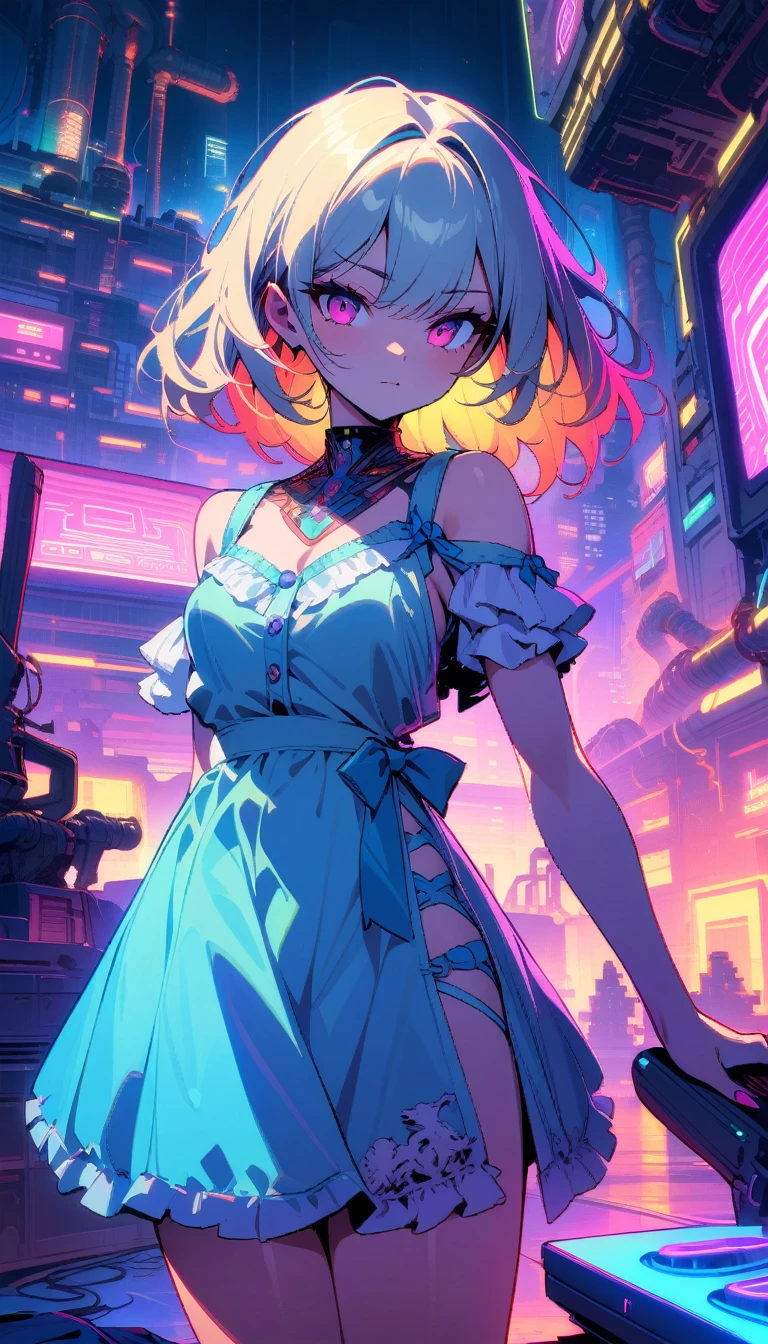 ((best quality)) , ((masterpiece)) , (detailed),Color splash, (((1girl))) , wearing Shabby Chic Wrap dress, has metallic plating, Colored hair, ((Fossil fuel power station)) in background, retro cyberpunk . 80's inspired, synthwave, neon, vibrant, detailed, retro futurism