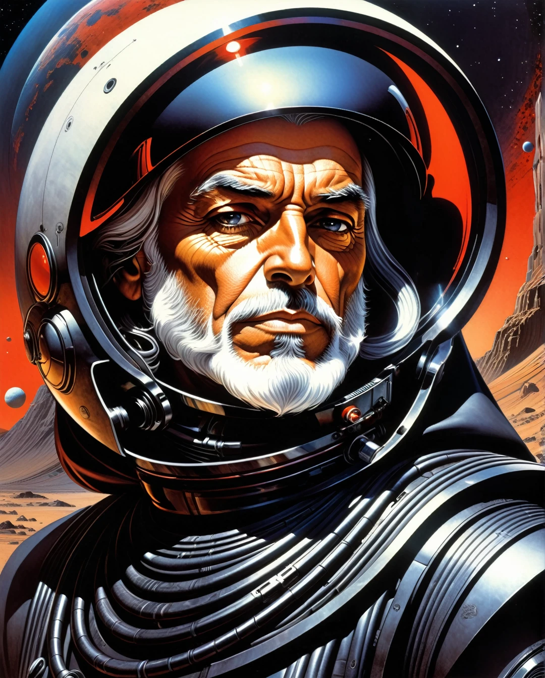 Art style by H. R. Giger, Art style by Syd Mead, Art style by Hajime Sorayama, (Masterpiece, Top Quality, Super Detail, High Resolution, Best Illustration), 1990s (style), 1980s (style), retro art style, Highest image quality, (Masterpiece, top quality, super detail, high resolution, best illustration), vintage, 1990s \(style\), dynamic angle, Solo, 1male, very old age, Saudi Arabian Bedouin, Duotone, Red and Black Only, in a distant rock, in the style ofrichard corben, brothershildebrandt, distinctive noses,space art, darkly detailed,mars ravelo, dark silver andcrimson
