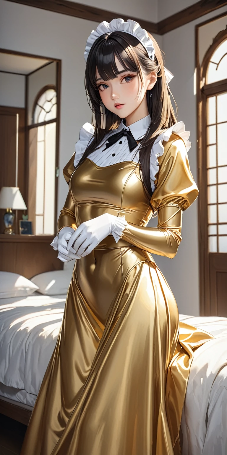Portraiture、(masterpiece,Highest quality,Ultra-high resolution),Japanese women, (((Very beautiful 25 year old girl)))、(She is wearing a shiny gold satin long sleeve maid dress.)、The dress has a simple design without any patterns..、The skirt is a long skirt with frills、Satin Gloves、((Satin bodysuit))、Bright room