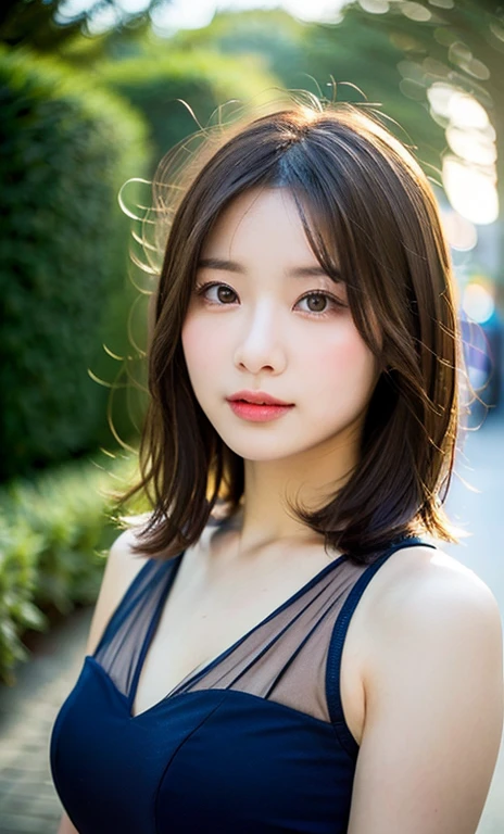 (a beautiful woman, age 28, outdoor morning dawn, wearing a black see-through dress, short disheveled hair, super definition face, fine eyes with double eyelids, beautiful lips, fair skin, super cute and soft face, brown hair, soft toned body, small bosom, 8k resolution, super realistic, super definition, highest definition, masterpiece, bokeh_background, SFW)