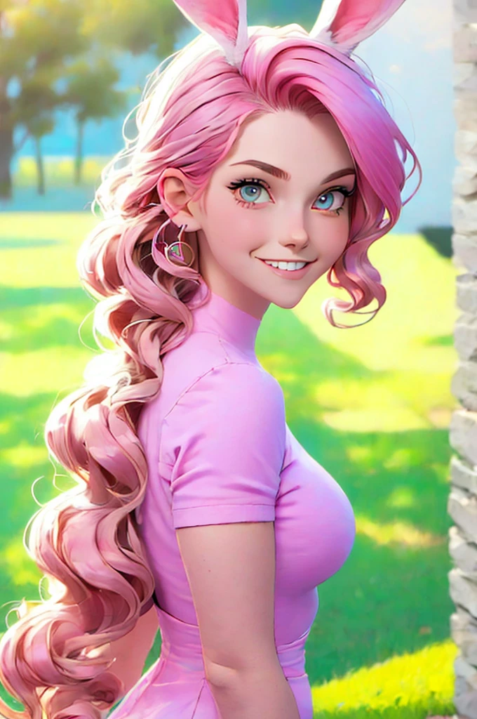 anime style, a closeup of a cartoon of a woman with ears and rabbit tail, with rabbit tail, with rabbit ears, girl design, mara, portrait, giesha, anime image, long hair, pink hair, hair covering ears, happy, polished and powerful look, exotic, tall  