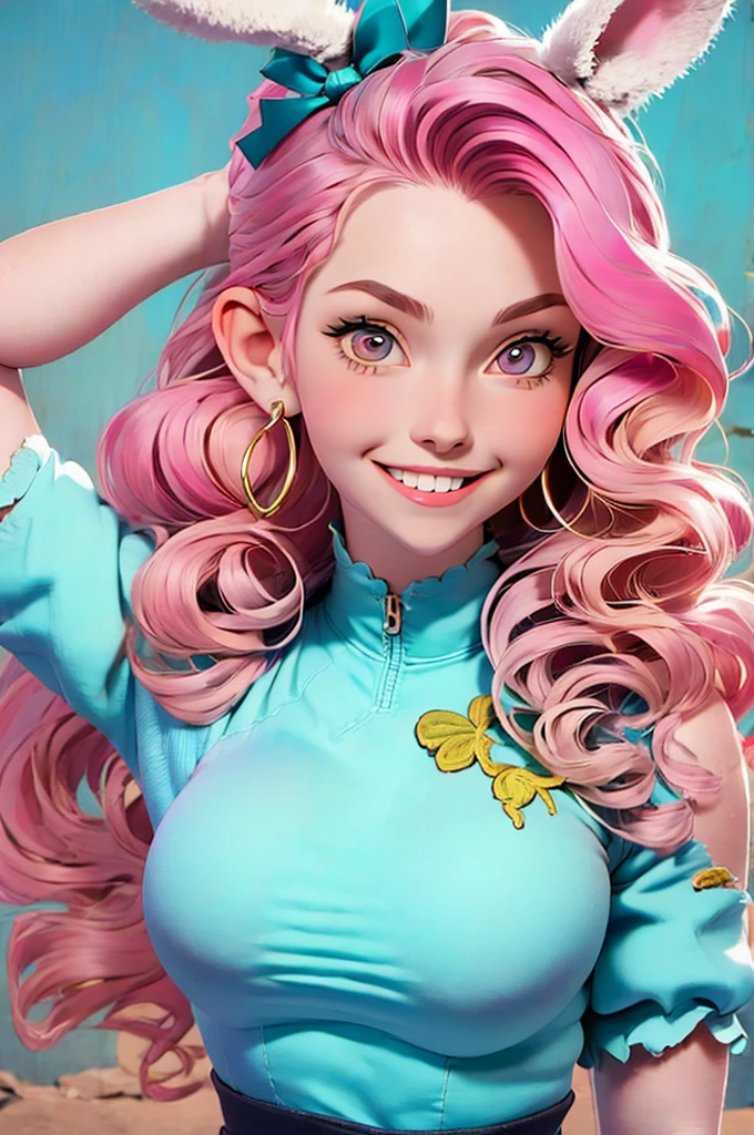 anime style, a closeup of a cartoon of a woman with ears and rabbit tail, with rabbit tail, with rabbit ears, girl design, mara, portrait, giesha, anime image, long hair, pink hair, hair covering ears, happy, polished and powerful look, exotic, tall  