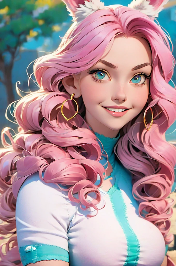 anime style, a closeup of a cartoon of a woman with ears and rabbit tail, with rabbit tail, with rabbit ears, girl design, mara, portrait, giesha, anime image, long hair, pink hair, hair covering ears, happy, polished and powerful look, exotic, tall  