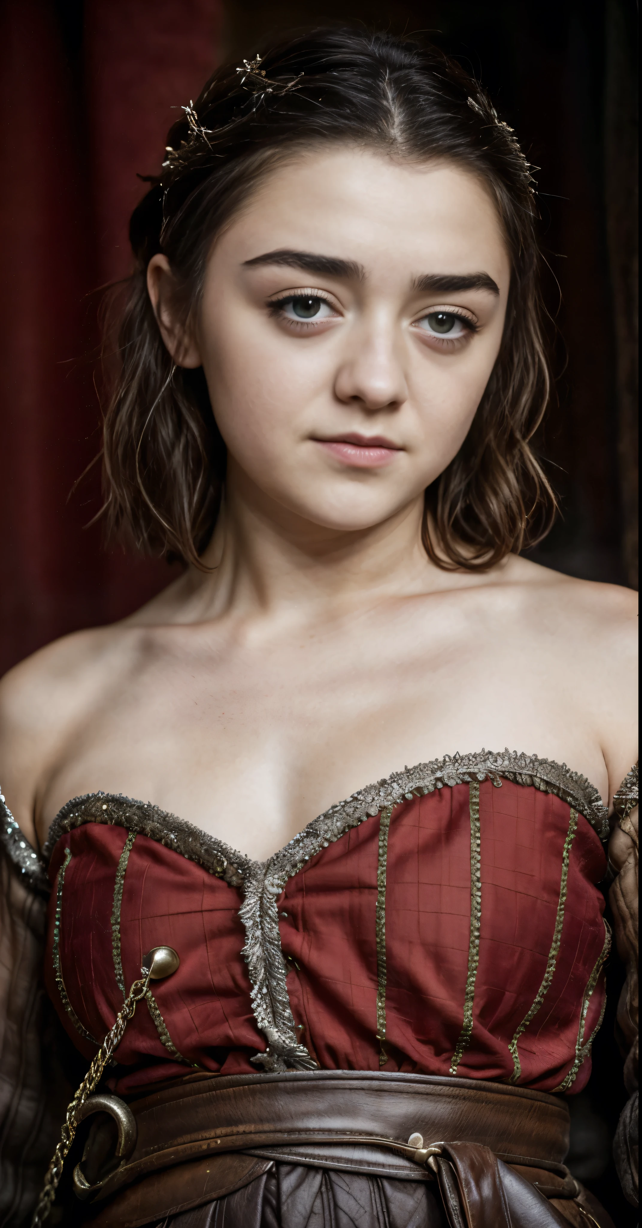 Foto RAW, RAW photograph of Maisie Williams, Arya Stark, Extremely gorgeous lady, Arya Stark PLAYED BY MAISIE WILLIAMS, Queen Arya Stark, she  a mature woman now, milf, sexy mediaeval battle dress, gladiator woman, body, 40 years old Woman, body revealing costumes, perky breast, skin pores, big natural breast, erotic costumes, lusty physique, seductive figure can capture every people's attention, Game of thrones costumes, revealing captivating figure, Mediaeval costumes, revealing clothes, A tomboy, she would rather fence than dance, warrior queen , game of thrones screen caps, Game of Thrones Series, (pele altamente detalhada: 1.2), 8k UHD, DSLR, soft-lighting, alta qualidade, grain of film, Fujifilm XT3, flawless picture, highly detailed, detailed Beauty, intricate, 32k, sharp picture,