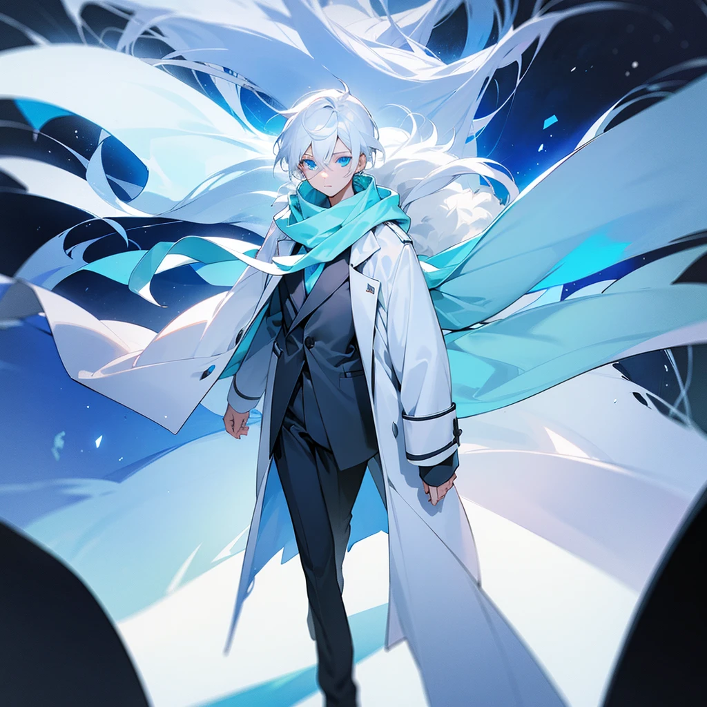 A young boy with white hair, glowing light blue eyes,he wears a white coat with a scarf,his coat was big and cozy...He walks with a girl with white hair and beautiful blue eyes.