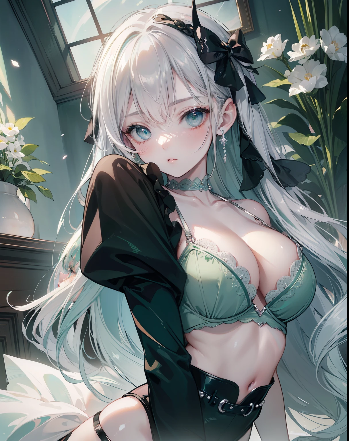 ((dark fantasy)), ((wavy hair, silver hair color, pale skin),(((green aquamarine eyes))), freckles, warm light,( ),busty,Glamour,Gorgeous,monochromes,erotic posing,Dynamic Posing,Arrange Pose,Dramatic,Cinematic,Detailed background, Dynamic Angle,From the angle of the film,Gothic background, Dark fantastic view,Best Quality,masutepiece,8K,The ultimate detailed dark background, Top image quality、RAW photography、超A high resolution,cropped shoulders, overall look is very erotic、Shot for one person only, model shoot, Large round chest, Beautiful Eyes of Details、Very slender eyes、Beautiful eyelashes、Very slim physique, with blush cheeks,Pearl Beaded Bralet Top, ((pearl top)), ((pearl bra))