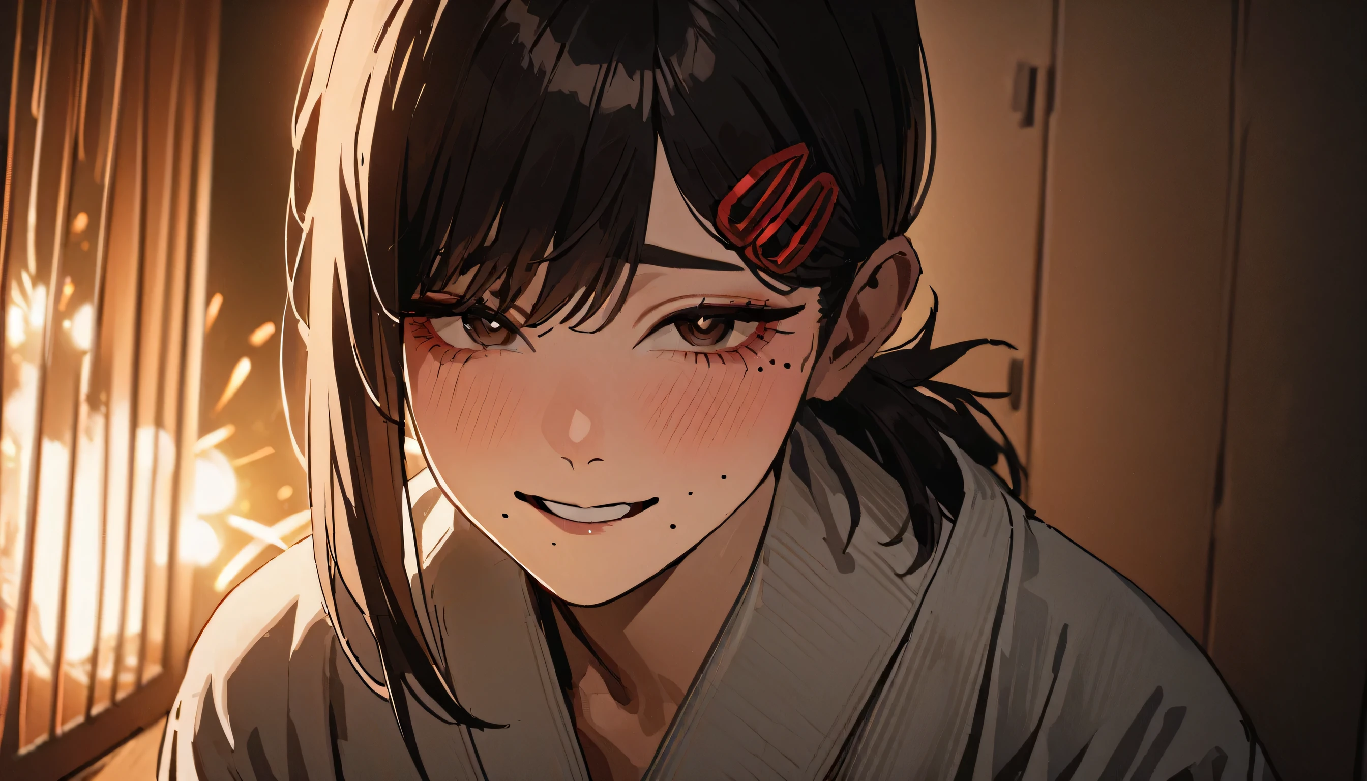 1girl, higashiyama kobeni, wearing kimono with firework in background, (masterpiece), cinematic, beautiful light, best quality, newest,safe, absurdres, wide smile , blushing, close eyes, look at viewers