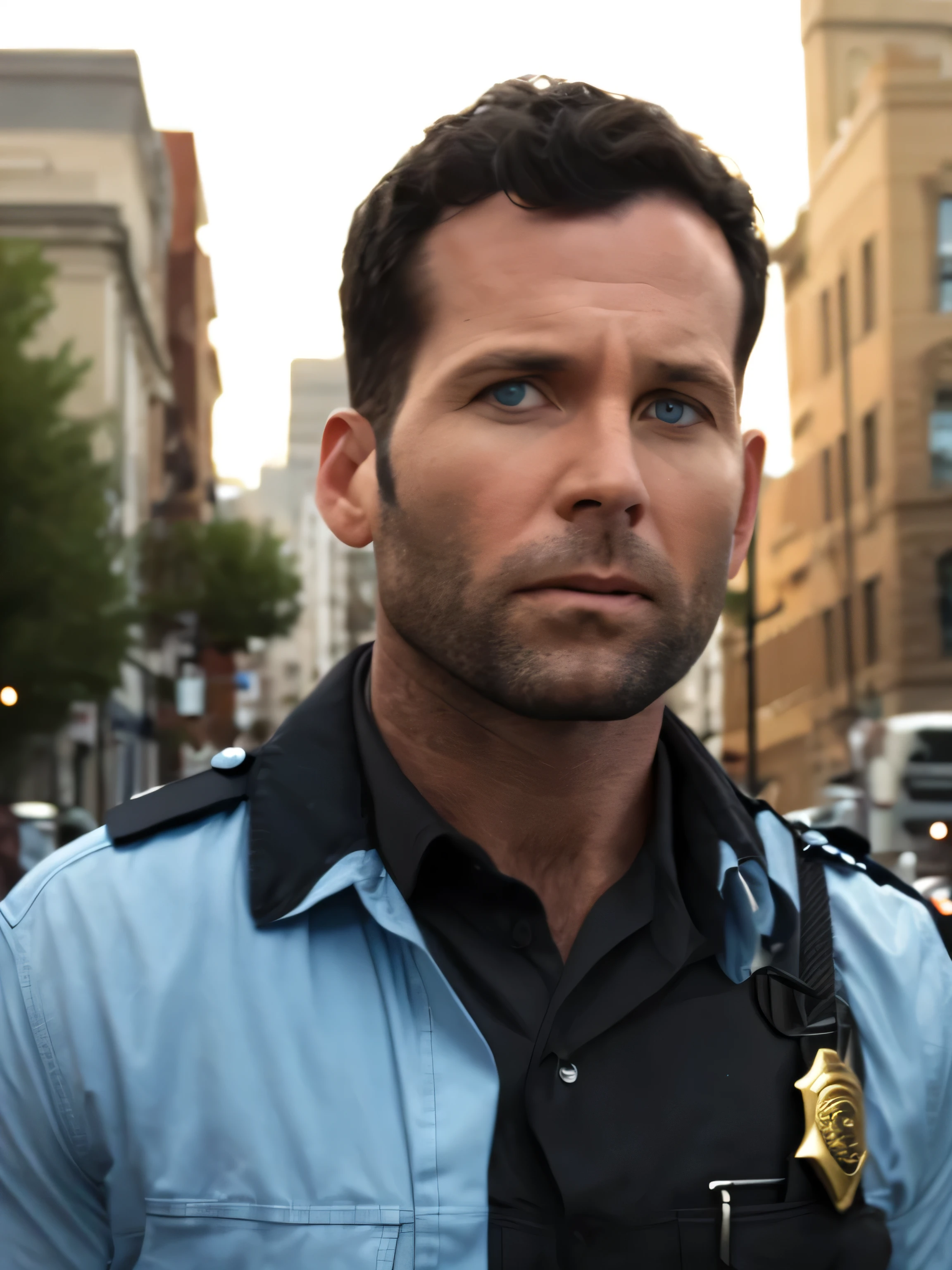 eionbailey, realistic, photorealistic, in color, full color, vibrant color, best quality, detailed face, professional headshot, upper body, (wearing a police uniform:1.2), very short hair, parted hair, background is a downtown city street at night