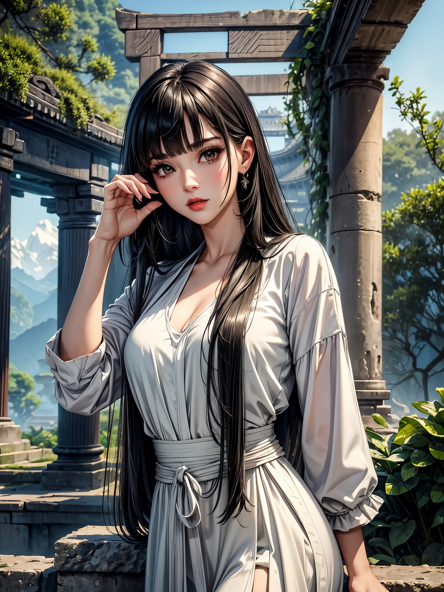 (best quality, 8K, masterpiece:1.3), pretty Woman, 1 girl, beautiful face, (seductive face), Black hair, blunt bangs single sidelock, absurdly long curtained straight hair, white casual dress, Ultra-detailed face, Detailed lips, super detailed eyes, double eyelids, long upper eyelashes, Soft skin, HD skin, Asia, Ancient temple ruins in East Asia, Ancient miracles, [broken building], jungle, 8k, Super detailed, best quality detail, retina, Ultra-high resolution, masterpiece, ccurate