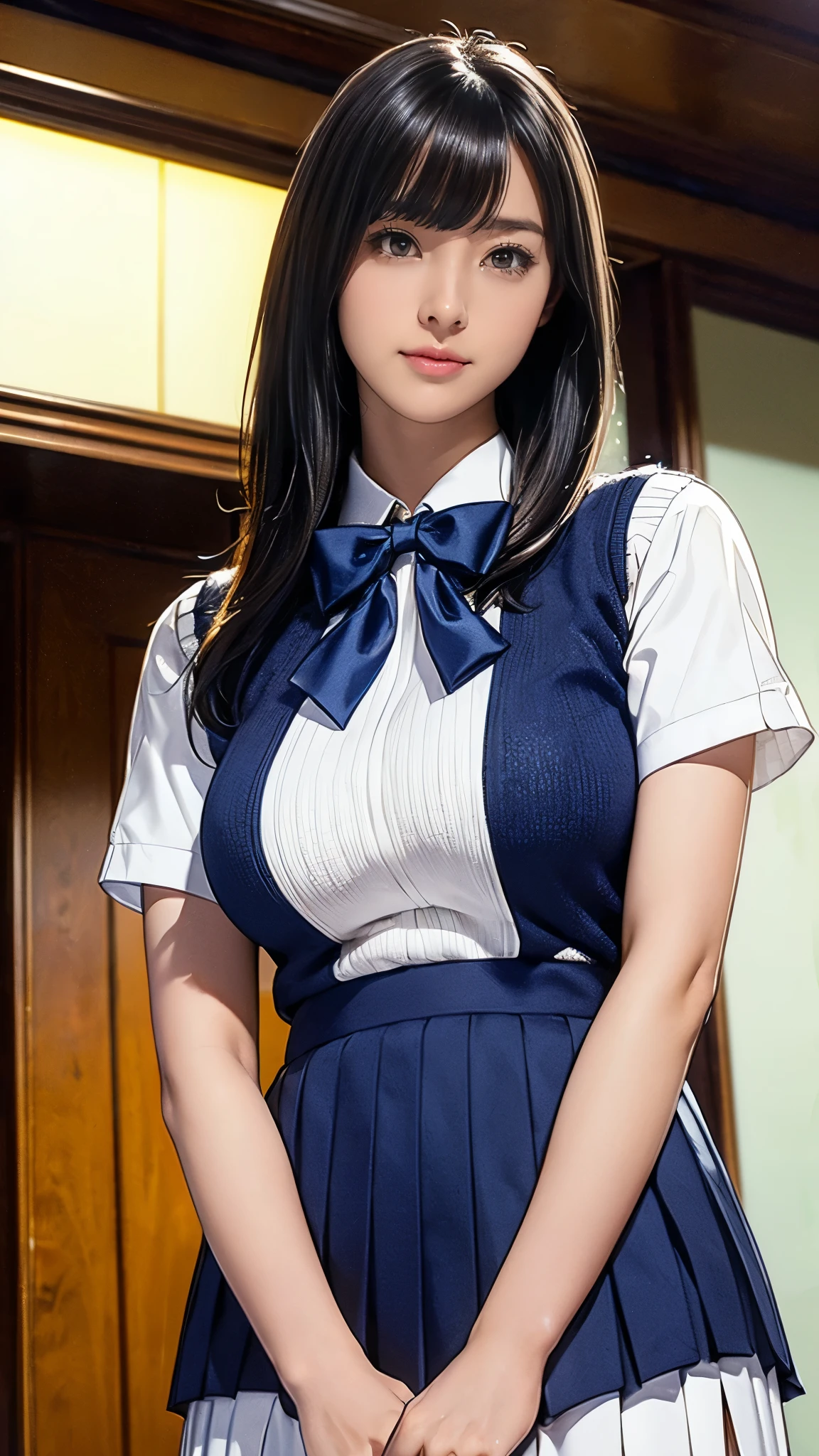 (masterpiece:1.2, Highest quality), (Realistic, photoRealistic:1.4), (Large Breasts:1.5), Beautiful illustrations, (Natural Side Lighting, Cinema Lighting), Written boundary depth, Looking at the audience, (Face Focus, Upper Body), Front view, 1 girl, Japanese, high school girl, 15 years old, Perfect Face, Symmetrical cute face, Glowing Skin, (Bob Hair:1.7,Black Hair), Asymmetrical bangs, Big eyes, Droopy eyes, long eyelashes chest), thin, Beautiful Hair, Beautiful Face, Beautiful and beautiful eyes, Beautiful clavicle, Beautiful body, Beautiful breasts, Beautiful thighs, Beautiful legs, Beautiful fingers, ((Quality fabric texture, brown knit vest, Short sleeve white collar shirt, Navy Pleated Skirt, Navy bow tie)), (Beautiful views), evening, (Inside the flower shop), Are standing, (smile, Superior, Open your mouth), (From below:1.5),(Poor visibility:1.5), (From below)