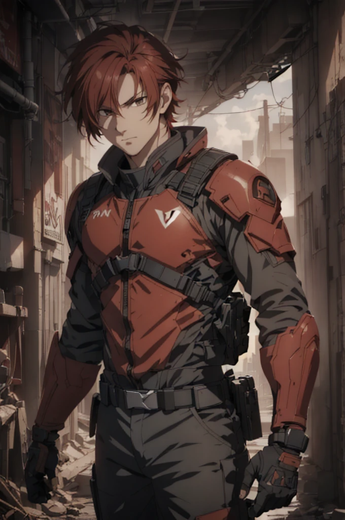 1man, handsome, red hair, wearing combat suit, ultra high resolution, best quality, masterpiece, rtx,ray tracing, 4k, top quality, highly detailed, official art, stunning visuals 