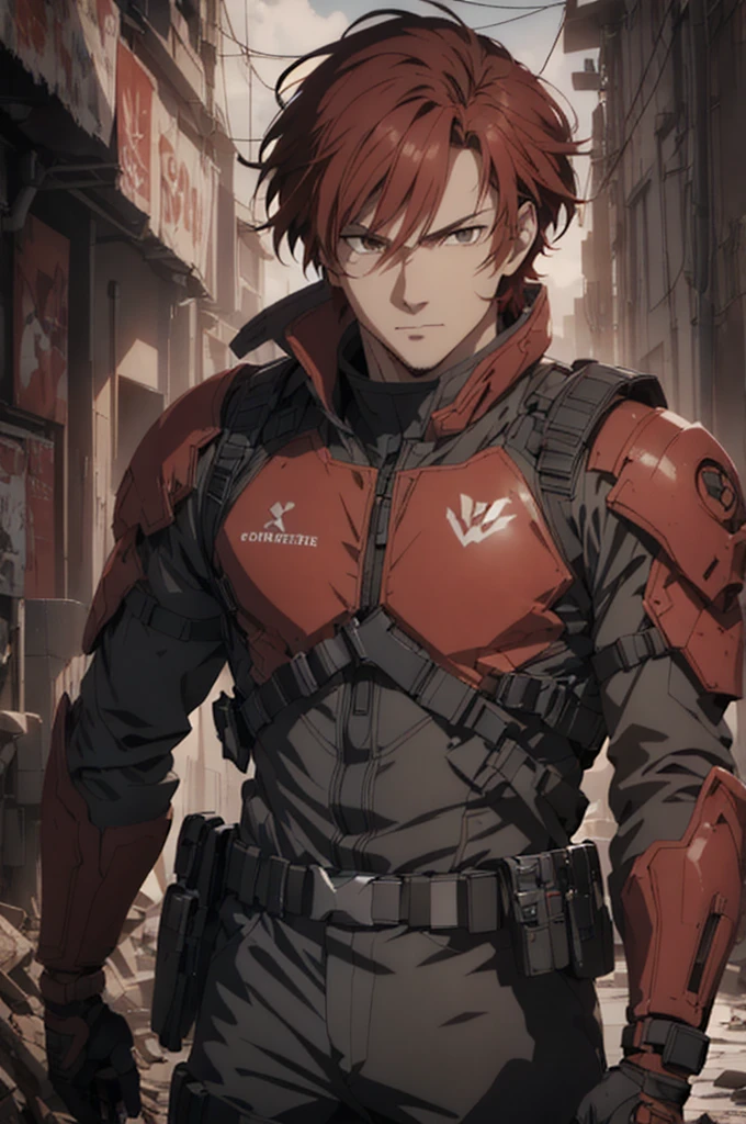 1man, handsome, red hair, wearing combat suit, ultra high resolution, best quality, masterpiece, rtx,ray tracing, 4k, top quality, highly detailed, official art, stunning visuals 