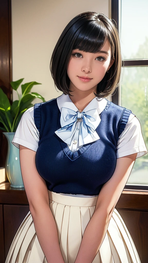 (masterpiece:1.2, Highest quality), (Realistic, photoRealistic:1.4), (Large Breasts:1.5), Beautiful illustrations, (Natural Side Lighting, Cinema Lighting), Written boundary depth, Looking at the audience, (Face Focus, Upper Body), Front view, 1 girl, Japanese, high school girl, , Perfect Face, Symmetrical cute face, Glowing Skin, (Bob Hair:1.7,Black Hair), Asymmetrical bangs, Big eyes, Droopy eyes, long eyelashes chest), thin, Beautiful Hair, Beautiful Face, Beautiful and beautiful eyes, Beautiful clavicle, Beautiful body, Beautiful breasts, Beautiful thighs, Beautiful legs, Beautiful fingers, ((Quality fabric texture, brown knit vest, Short sleeve white collar shirt, Navy Pleated Skirt, Navy bow tie)), (Beautiful views), evening, (Inside the flower shop), Are standing, (smile, Superior, Open your mouth), (From below:1.5),(Poor visibility:1.5), (From below)