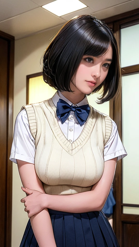 (masterpiece:1.2, Highest quality), (Realistic, photoRealistic:1.4), (Large Breasts:1.5), Beautiful illustrations, (Natural Side Lighting, Cinema Lighting), Written boundary depth, Looking at the audience, (Face Focus, Upper Body), Front view, 1 girl, Japanese, high school girl, 15 years old, Perfect Face, Symmetrical cute face, Glowing Skin, (Bob Hair:1.7,Black Hair), Asymmetrical bangs, Big eyes, Droopy eyes, long eyelashes chest), thin, Beautiful Hair, Beautiful Face, Beautiful and beautiful eyes, Beautiful clavicle, Beautiful body, Beautiful breasts, Beautiful thighs, Beautiful legs, Beautiful fingers, ((Quality fabric texture, brown knit vest, Short sleeve white collar shirt, Navy Pleated Skirt, Navy bow tie)), (Beautiful views), evening, (Inside the flower shop), Are standing, (smile, Superior, Open your mouth), (From below:1.5),(Poor visibility:1.5), (From below)