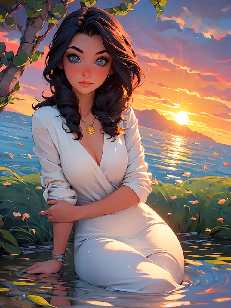 1 girl, serene expression, mesmerizing eyes, straight long hair, flowing dress, poised posture, porcelain skin, subtle blush, crystal pendant BREAK golden hour, (rim lighting):1.2, warm tones, sun flare, soft shadows, vibrant colors, painterly effect, dreamy atmosphere BREAK scenic lake, distant mountains, willow tree, calm water, reflection, sunlit clouds, peaceful ambiance, idyllic sunset, ultra detailed, official art, unity 8k wallpaper , zentangle, mandala