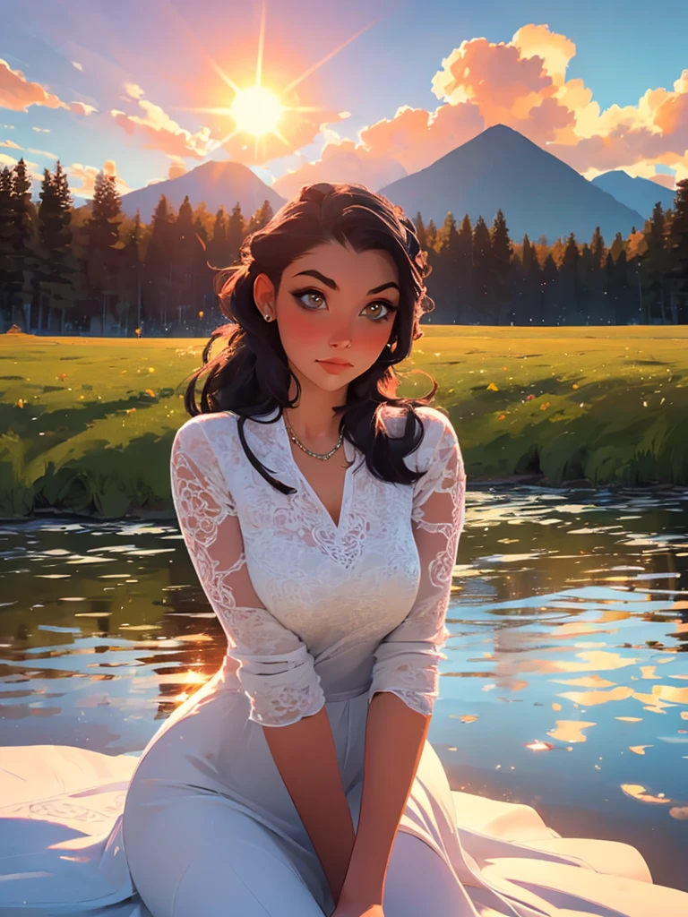 1 girl, serene expression, mesmerizing eyes, straight long hair, flowing dress, poised posture, porcelain skin, subtle blush, crystal pendant BREAK golden hour, (rim lighting):1.2, warm tones, sun flare, soft shadows, vibrant colors, painterly effect, dreamy atmosphere BREAK scenic lake, distant mountains, willow tree, calm water, reflection, sunlit clouds, peaceful ambiance, idyllic sunset, ultra detailed, official art, unity 8k wallpaper , zentangle, mandala