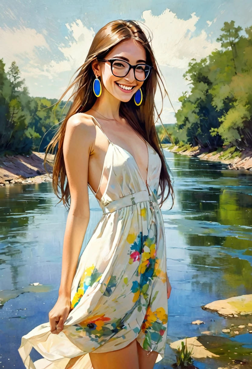 very sexy girl, long straight brown hair, colorful earrings, large square glasses, thin summer dress, small breasts, marked nipples, smiles, adorable, in a natural environment with a river,(simple oil painting in a style to Bill Sienkiewicz)