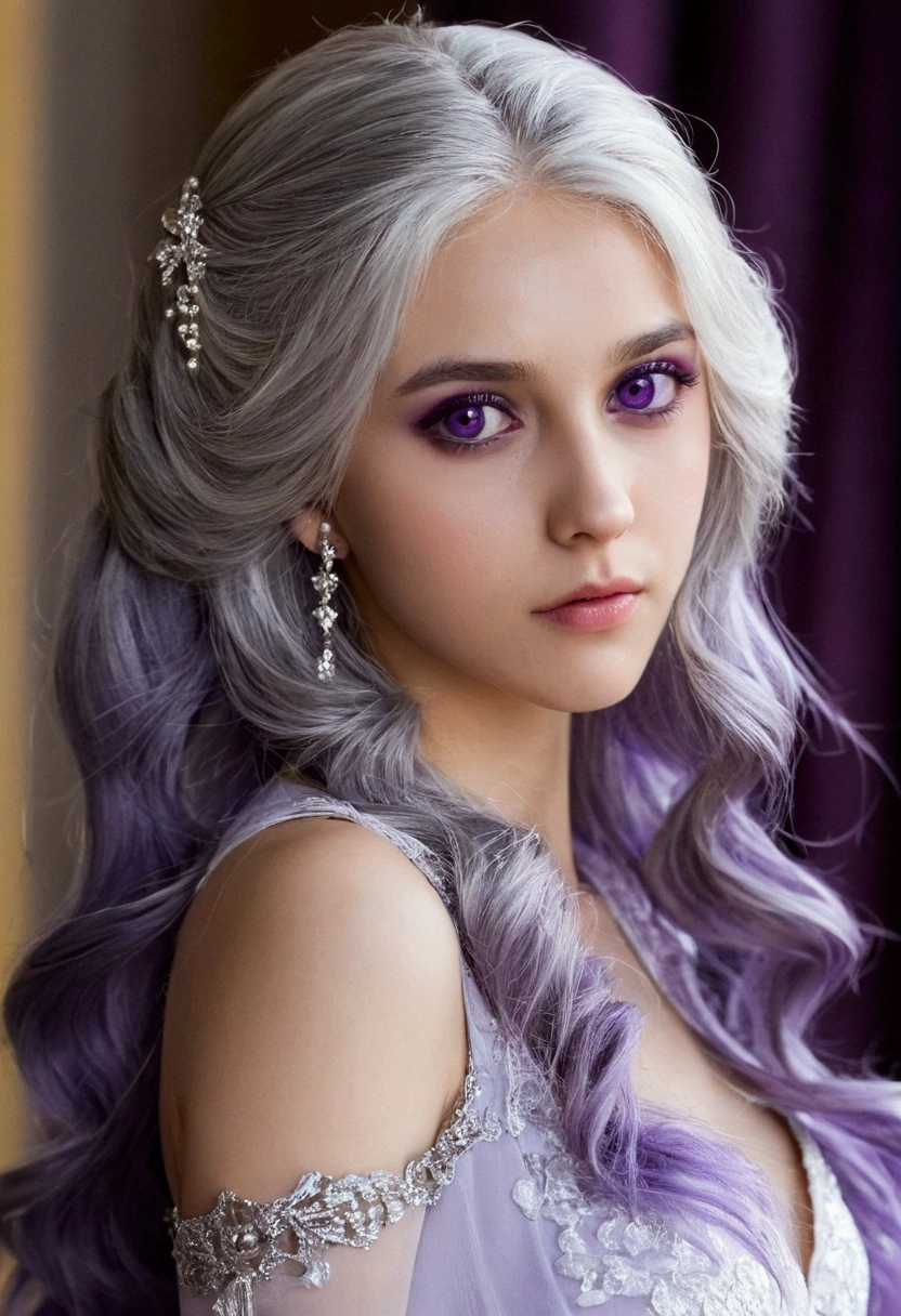 Masterpiece, best quality, 1 girl, Elena_(might_number_gossip), silver hair, purple eyes, long hair,