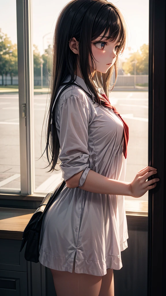 A couple at school, a girl wearing a short dress, it's morning. Moody color, sharpness, golden sunlight
