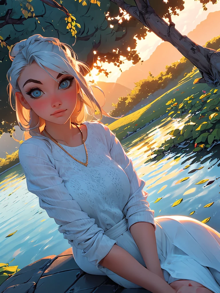 1 girl, serene expression, mesmerizing eyes, straight long hair, flowing dress, poised posture, porcelain skin, subtle blush, crystal pendant BREAK golden hour, (rim lighting):1.2, warm tones, sun flare, soft shadows, vibrant colors, painterly effect, dreamy atmosphere BREAK scenic lake, distant mountains, willow tree, calm water, reflection, sunlit clouds, peaceful ambiance, idyllic sunset, ultra detailed, official art, unity 8k wallpaper , zentangle, mandala