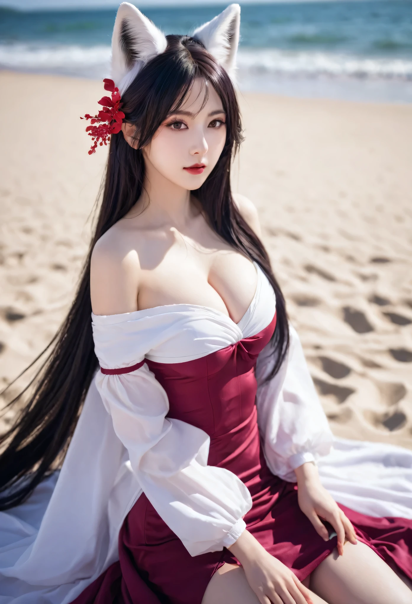 Top of the line CG, highest image quality, masterpiece,8k image quality,  exquisite and delicate beautiful girl, ,ahri(league_of_legends), 1girl, kitsune, kyuubi, deep purple hair,deep purple fox ears, long_hair,brown_eyes ,facial mark, whisker markings,white fox tail,kyuubi, large_breasts, long sleeves, magic, white multiple tails, off shoulder, sharp fingernails,(red_and_white_dress:1.2),,on the beach,surrounding by flowers,falling_petals, petals,,
