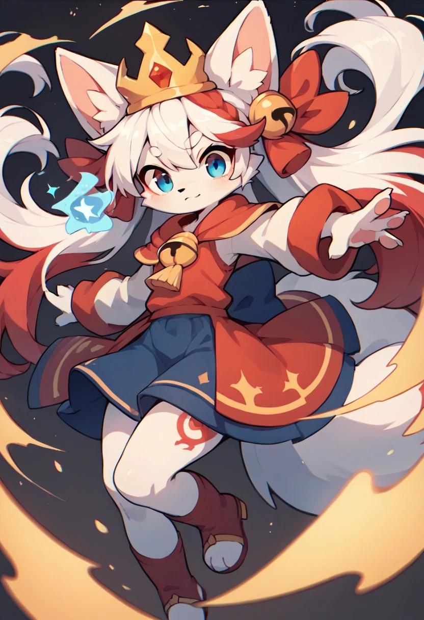 1girl furry,fox, white hair, red hair dye tips in hair, long hair, skirt,cute clothes, blue and red,one blue eye, one orange eye, wearing a crown, purple magic