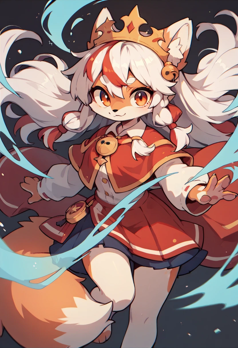 1girl furry,fox, white hair, red hair dye tips in hair, long hair, skirt,cute clothes, blue and red,one blue eye, one orange eye, wearing a crown, purple magic