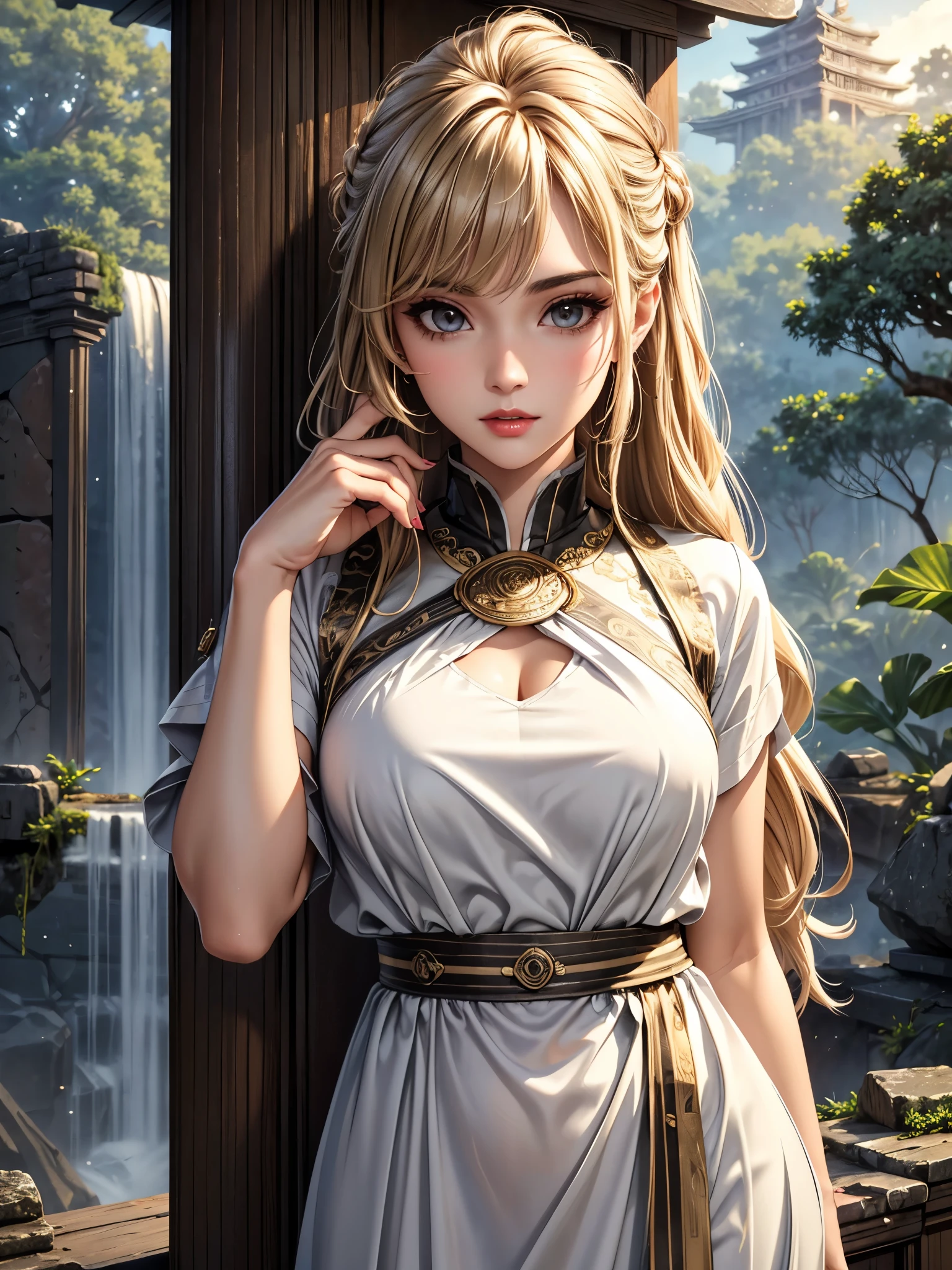 (best quality, 8K, masterpiece:1.3), pretty Woman, 1 girl, beautiful face, (seductive face), Black streaked honey blonde hair, blunt bangs single sidelock, absurdly long curtained straight hair, white casual dress, Ultra-detailed face, Detailed lips, super detailed eyes, double eyelids, long upper eyelashes, Soft skin, HD skin, Asia, Ancient temple ruins in East Asia, Ancient miracles, [broken building], jungle, 8k, Super detailed, best quality detail, retina, Ultra-high resolution, masterpiece, ccurate