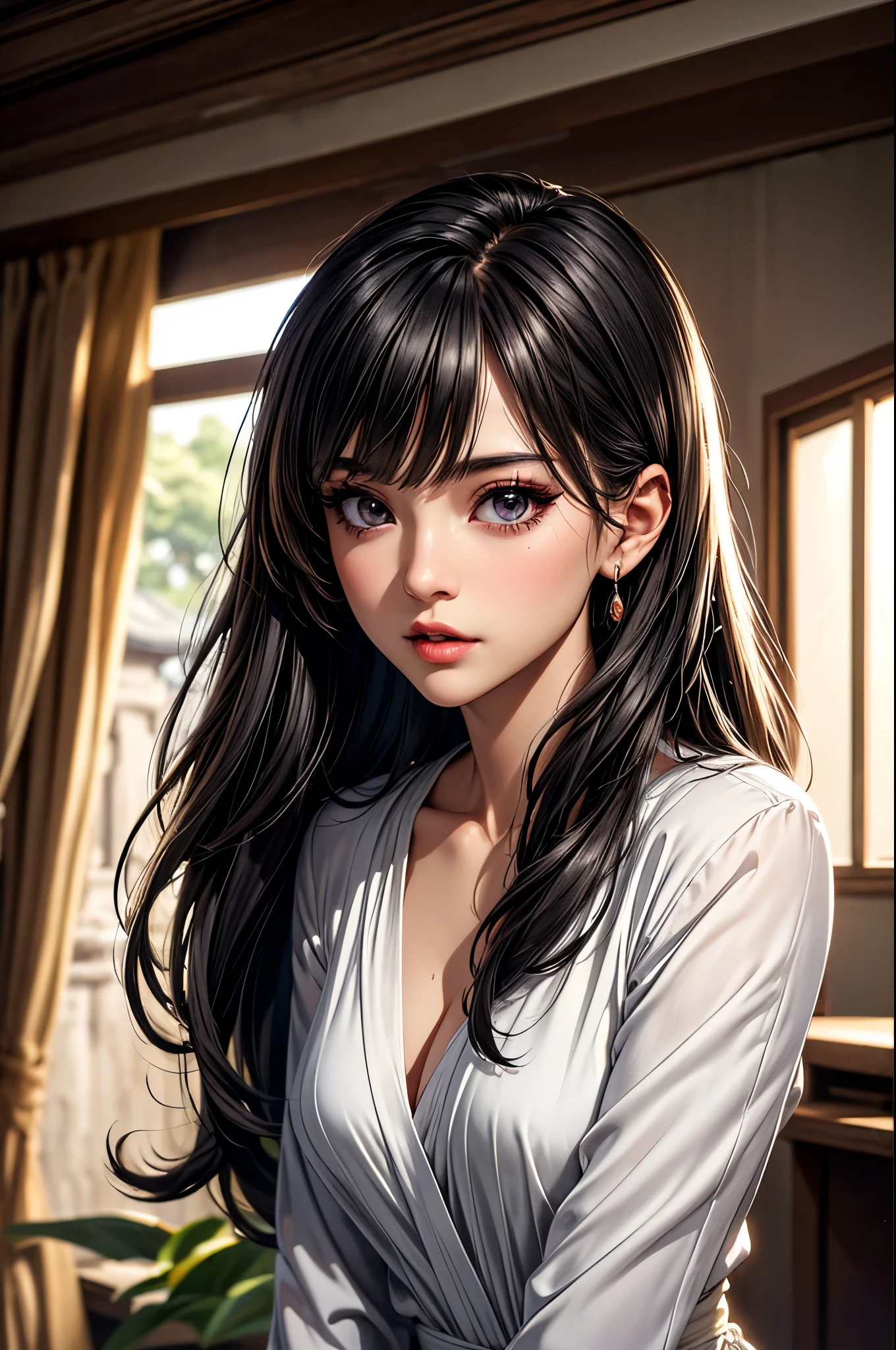 (best quality, 8K, masterpiece:1.3), pretty Woman, 1 girl, beautiful face, (seductive face), Black hair, blunt bangs single sidelock, absurdly long curtained straight hair, white casual dress, Ultra-detailed face, Detailed lips, super detailed eyes, double eyelids, long upper eyelashes, Soft skin, HD skin, Asia, Ancient temple ruins in East Asia, Ancient miracles, [broken building], jungle, 8k, Super detailed, best quality detail, retina, Ultra-high resolution, masterpiece, ccurate