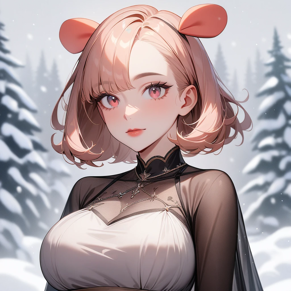 (1Girl, ((no Alf, no Alf ears, no animal ears, no ears on head)), (full-body, frontside), masterpiece, high quality, highly detailed, 8k,), (Fuller breasts, breasts-type: Full, Larger breasts with a more rounded and filled-out appearance), (wearing Embellished tulle dress with long sleeves), (winter theme, winter background), Eyes: Almond-shaped, dark brown
, Nose: Small and slightly upturned
, Lips: Full, rosy pink
, Hair: Long, curly, dark brown
, Skin Tone: Olive with a warm undertone
, Eyebrows: Thick and arched
, Cheekbones: High and defined
, Chin: Rounded
, Ears: Medium-sized and slightly visible
, Expression: Confident and poised