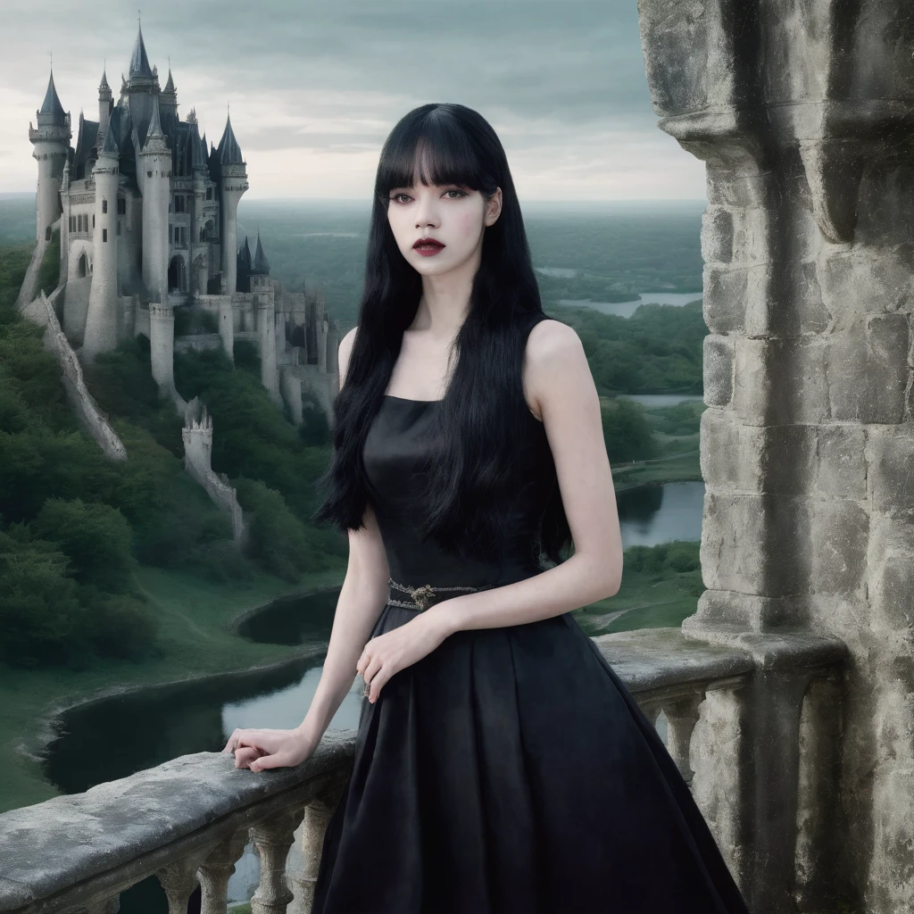 vampire woman, black dress and fantasy castle background, pale vampire woman, long black hair, Lisa de blackpink