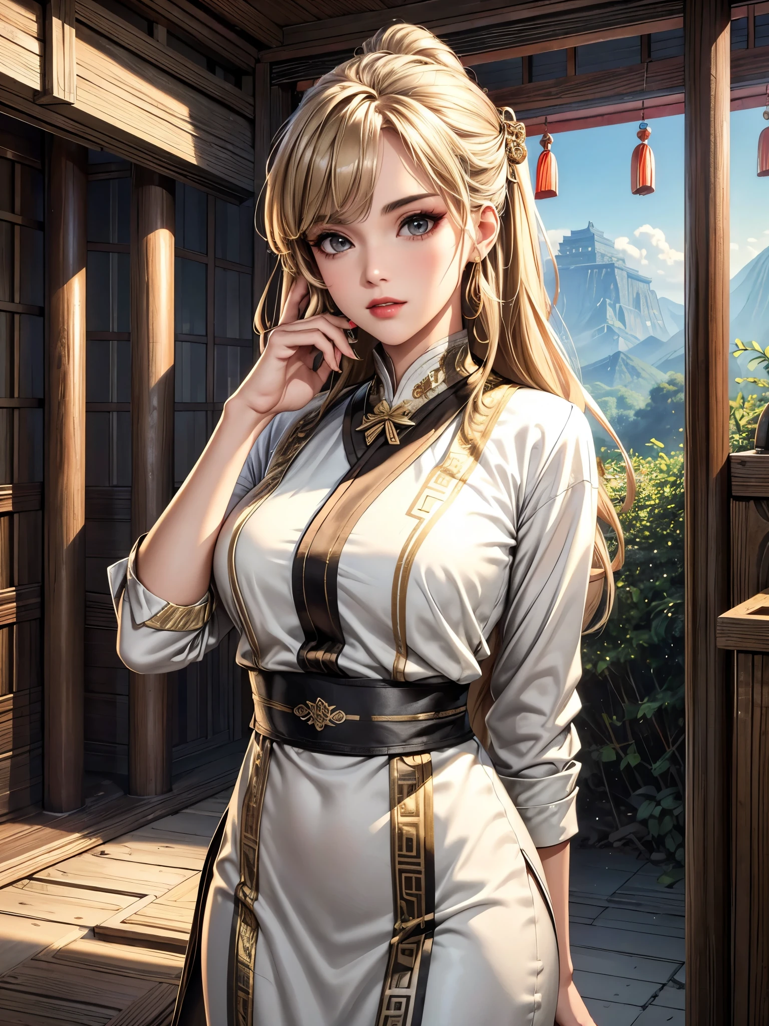 (best quality, 8K, masterpiece:1.3), pretty Woman, 1 girl, beautiful face, (seductive face), Black streaked honey blonde hair, blunt bangs single sidelock, absurdly long curtained straight hair, white casual dress, Ultra-detailed face, Detailed lips, super detailed eyes, double eyelids, long upper eyelashes, Soft skin, HD skin, China, Ancient Chinese temple ruins, Ancient miracles, broken building, [jungle], [Mountain], 8k, Super detailed, best quality detail, retina, Ultra-high resolution, masterpiece, ccurate