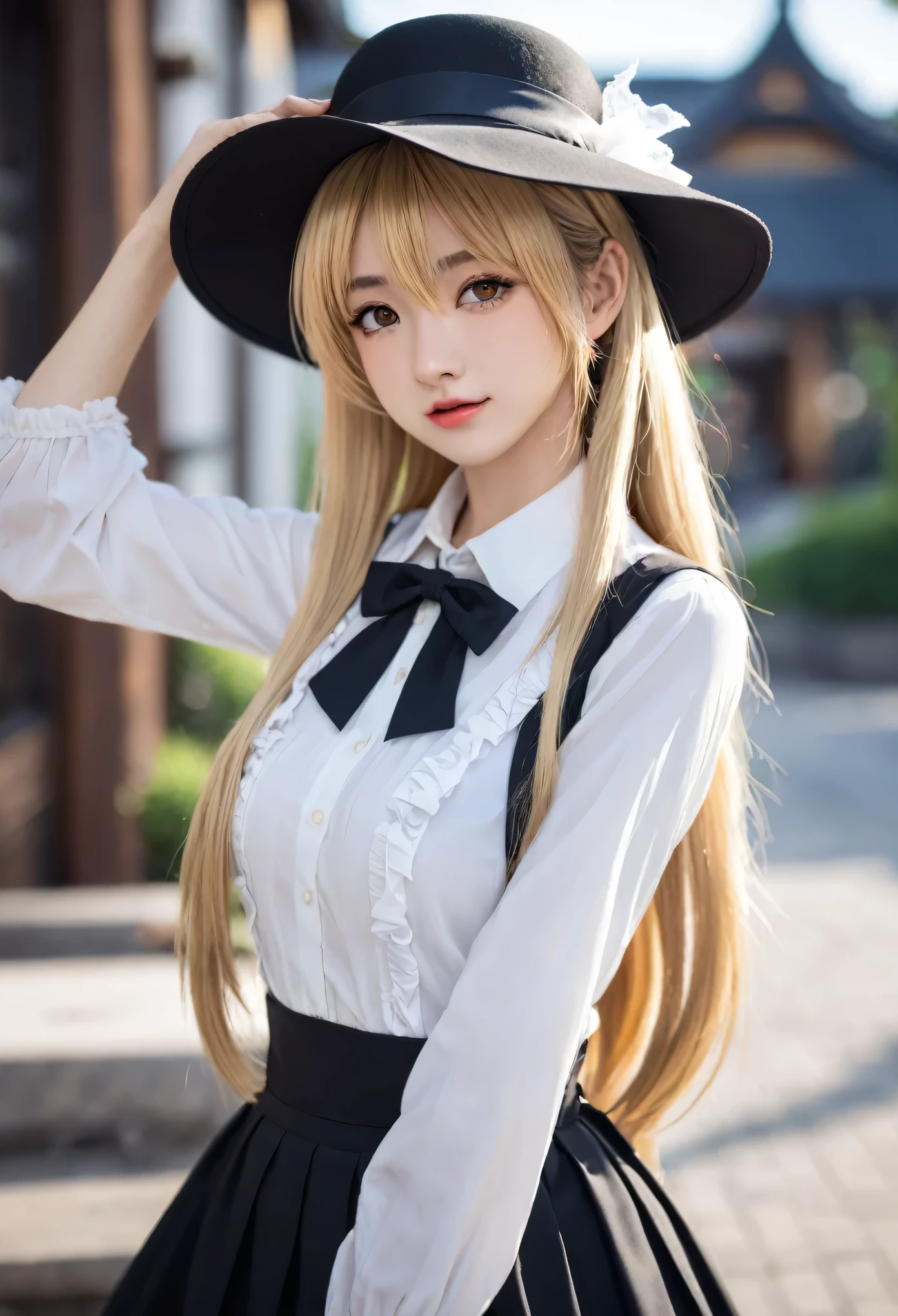 Top of the line CG, highest image quality, masterpiece,8k image quality,  exquisite and delicate beautiful girl, ,touhou, kirisame_marisa, blonde_hair, eyelashes, hair_between_eyes, hair_bow, long_hair, sidelocks, single_braid, very_long_hair, yellow_eyes, black_hat, hat, hat_bow, witch_hat, apron, black_skirt, black_vest, bow, frilled_apron, frills, long_sleeves, puffy_long_sleeves, puffy_sleeves, red_bow, shirt, skirt, tsurime, vest, waist_apron, white_apron, white_bow, white_shirt,,in a plaza,luminous butterflies, fluttering butterflies,