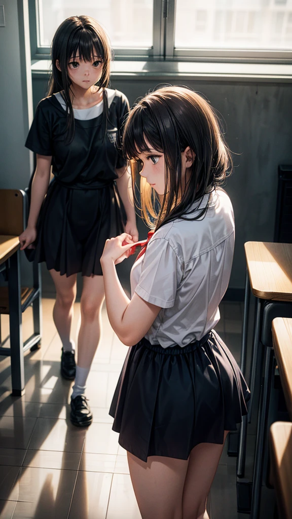 A couple at school, a girl wearing a short dress, it's morning. Moody color, sharpness, golden sunlight