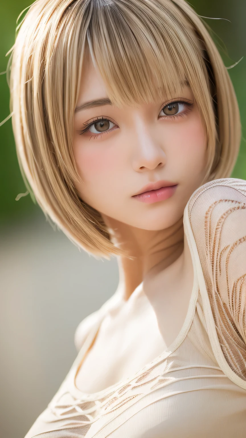 See through,Beautiful and fair、Glowing Skin, 3 Up, nice, bright, Refreshing and gentle look, Perfect beautiful face、Beautiful shiny bangs, Very beautiful 17 year old girl, eyeliner, Very perfect eyes,Very large breasts,The original skin is visible through the grooveuscular body,Khaki Lace Yoga Wear,Blonde Short Hair