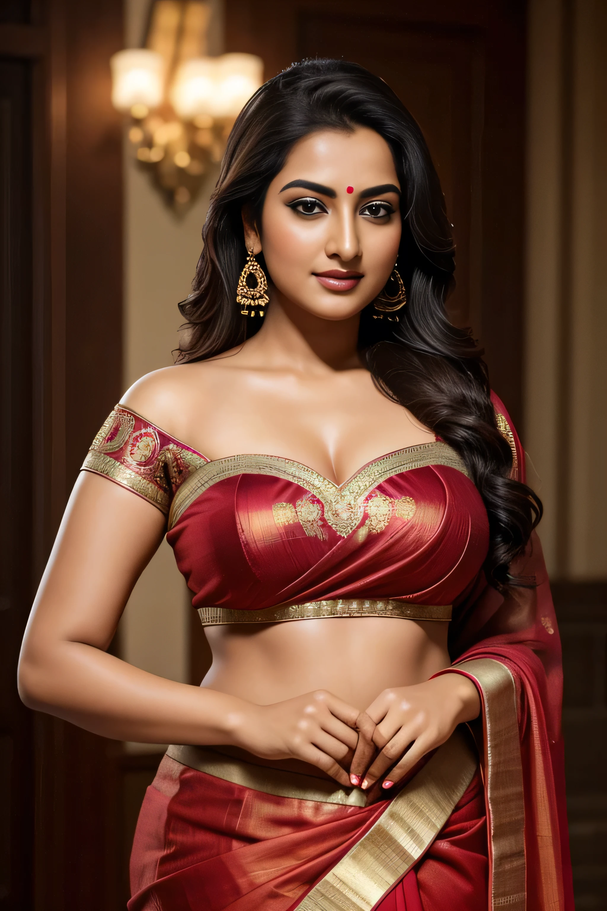 Foto RAW, photorealistic, photography, full body shot, master shot, perfect eyes, goddess like beauty, pierced eyes, perfect thick chubby mallu Desi aunty bhabhi, Wearing a Stanapatta, a chest-band.Saree model, model Photography, Indian saree shoot, Indian traditional wear advertising photography, traditional wear brand shoot, face of Indian actress Sonakshi Sinha, masterpiece, realistic, realism, incredible details, pleasure, photorealism, detailed skin, skin pores, high contrast, photorealistic Artstation 8k HD digital art trend of high definition and detailed realistic skin texture, ultra detail, realistic skin texture, armature, best quality, ultra high definition, (photorealistic:1.4),, high resolution, detail, raw photo, sweat, Re sharp, by Lee Jefferies Nikon D850 Film Stock Photo 4 Kodak Portra 400 Camera F1.6 Lens Rich Color Ultra Real Realistic Realistic Textures Dramatic Lighting Unreal Engine Trending at Art Station Cinestill 800,(pele altamente detalhada: 1.2), 8k UHD, DSLR, soft-lighting, alta qualidade, grain of film, Fujifilm XT3,she didn't like to wear blouse or bra, she is happy to wear only saree, she hates blouse or bra, detailed hairy armpits, hyper realistic skin, skin pores, sweat, veins,