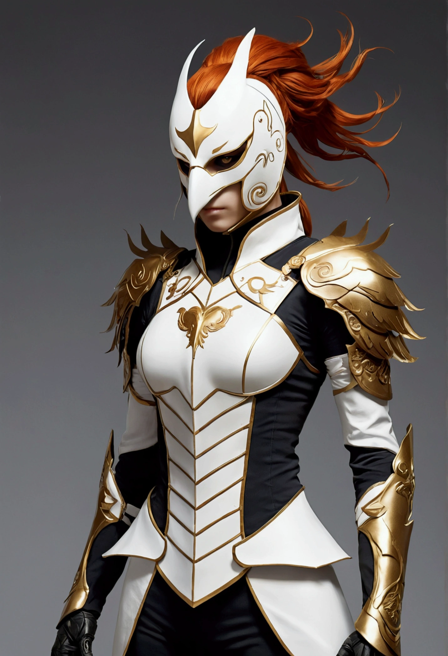 a white crow mask, white armor with gold details, slim female silhouette, the crow mask he wears, just like his armor, It is white with gold details., highlighting a mark similar to a heart in the middle of the forehead of said crow mask and his distinguished reddish almost orange hair collected with a ponytail., Whole body, anime style, Lanza, fight, Whole body