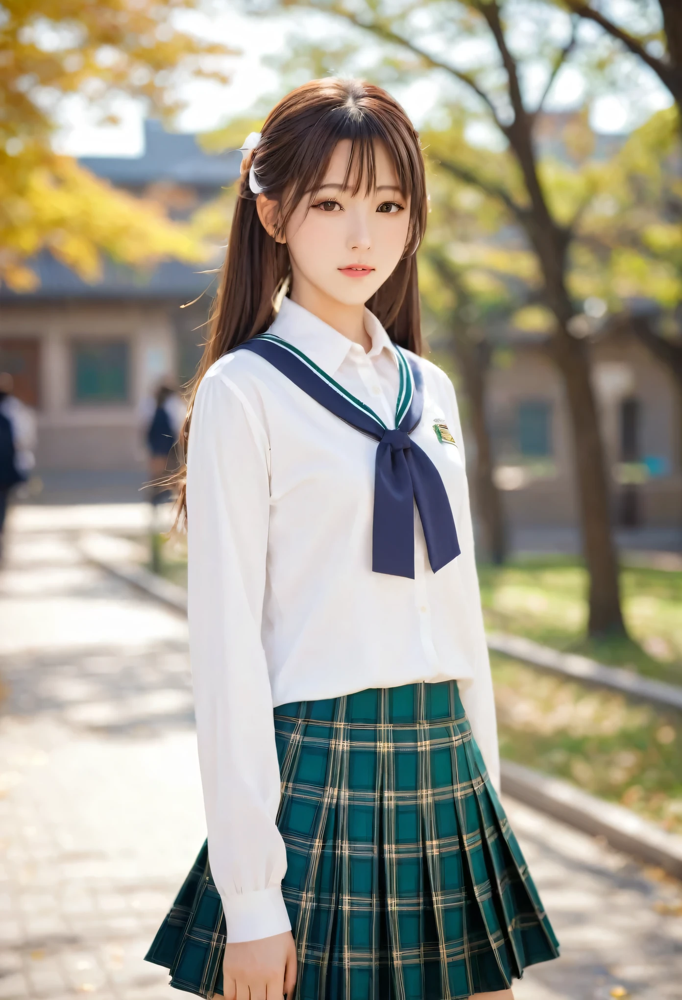 Top of the line CG, highest image quality, masterpiece,8k image quality, exquisite and delicate beautiful girl, ,Mikan Yuuki, brown eyes, brown hair, hair ornament,long hair,green plaid skirt, sainan high school uniform, school uniform, white shirt, yellow sweater vest,in park,floating_hair,