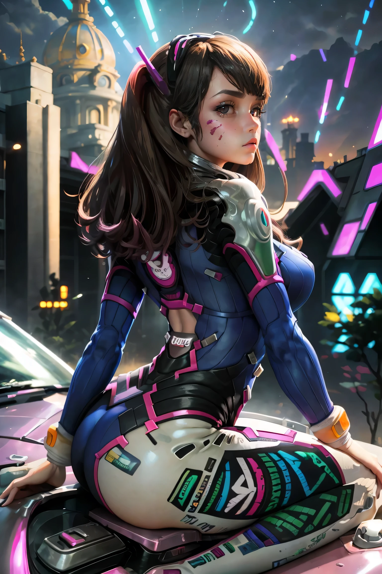 D.she is beautiful, sensual and sexy with her beautiful suit, with big breasts and big hips and a very small waist, looking ahead about to leave the screen so close you can see it., standing in a very sexy position in the background of a futuristic city with many neon lights