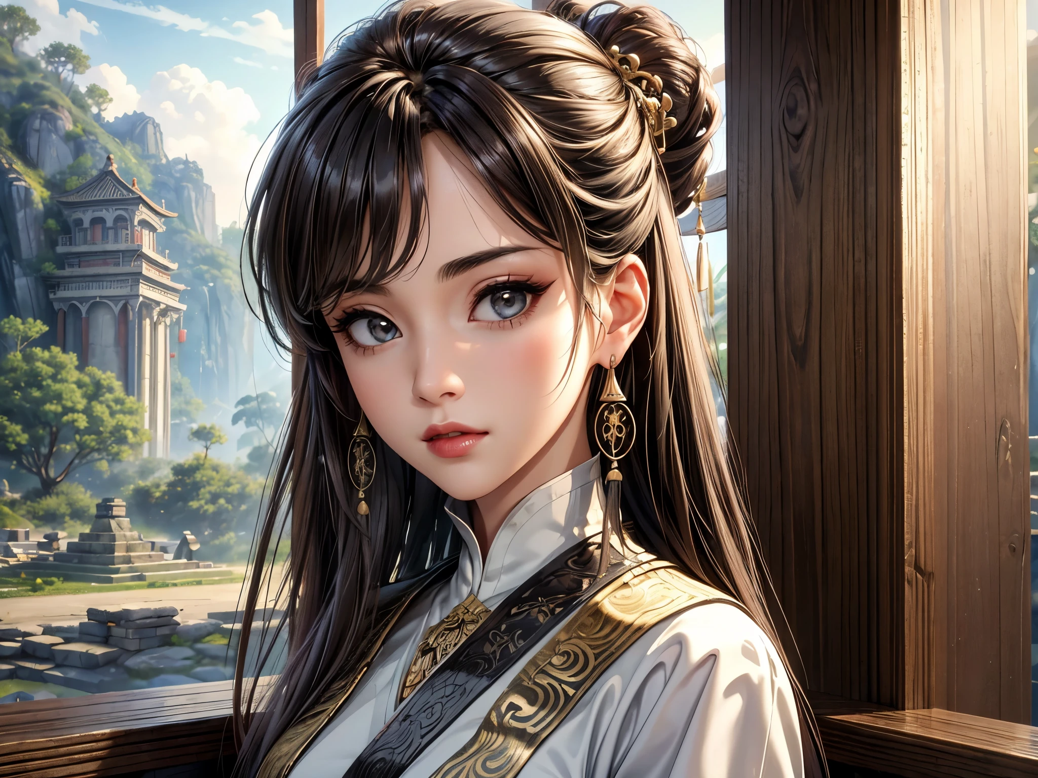 (best quality, 8K, masterpiece:1.3), pretty Woman, 1 girl, beautiful face, (seductive face), Black streaked honey blonde hair, blunt bangs single sidelock, absurdly long curtained straight hair, white casual dress, Ultra-detailed face, Detailed lips, super detailed eyes, double eyelids, long upper eyelashes, Soft skin, HD skin, China, Ancient Chinese temple ruins, Ancient miracles, broken building, [jungle], [Mountain], 8k, Super detailed, best quality detail, retina, Ultra-high resolution, masterpiece, ccurate