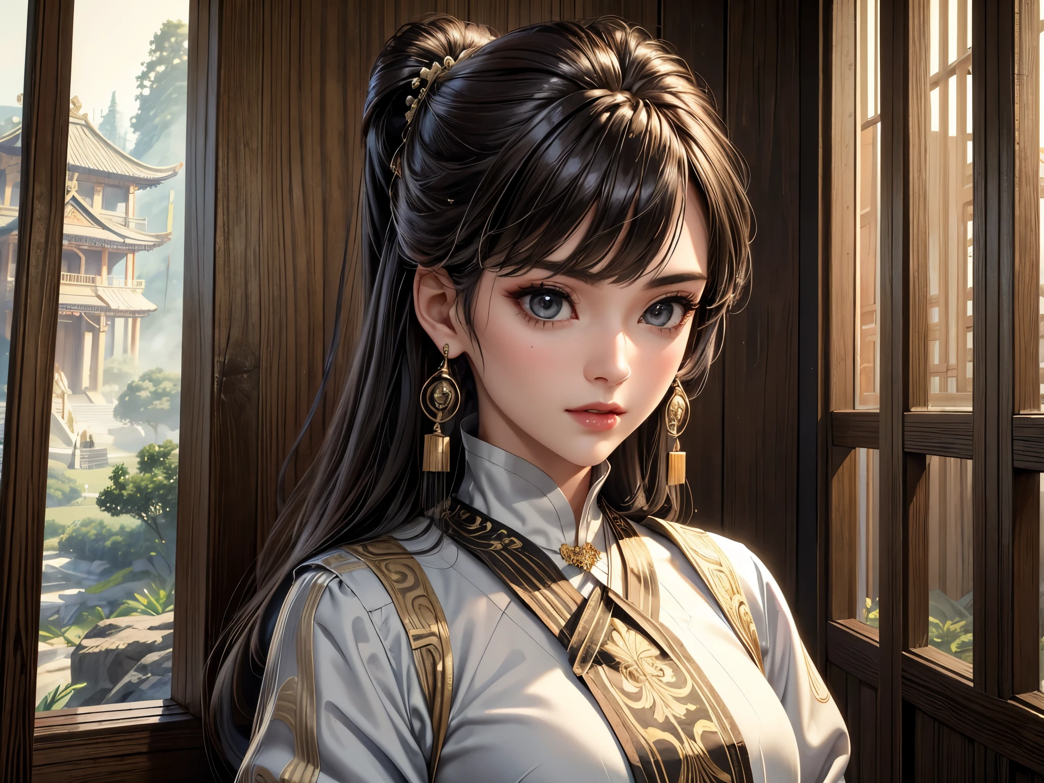 (best quality, 8K, masterpiece:1.3), pretty Woman, 1 girl, beautiful face, (seductive face), Black streaked honey blonde hair, blunt bangs single sidelock, absurdly long curtained straight hair, white casual dress, Ultra-detailed face, Detailed lips, super detailed eyes, double eyelids, long upper eyelashes, Soft skin, HD skin, China, Ancient Chinese temple ruins, Ancient miracles, broken building, [jungle], [Mountain], 8k, Super detailed, best quality detail, retina, Ultra-high resolution, masterpiece, ccurate