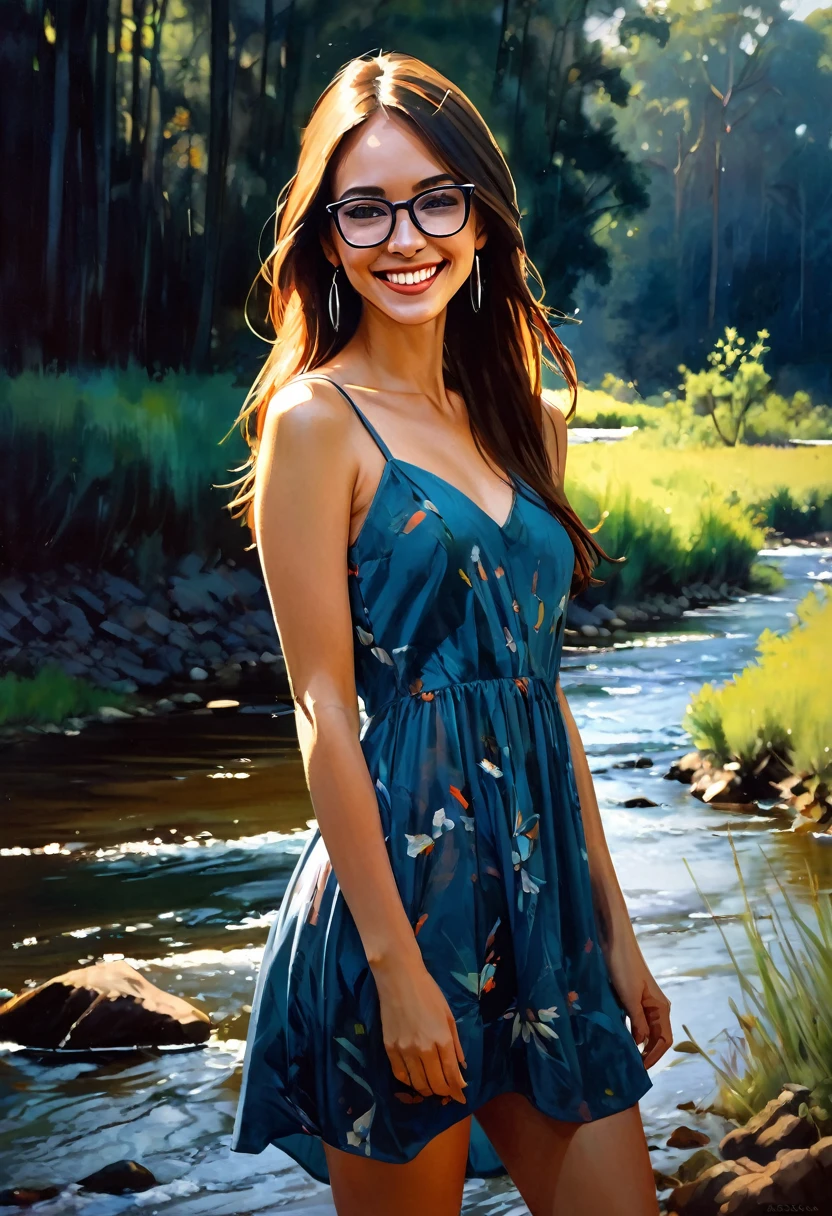 very sexy girl, long straight brown hair, colorful earrings, large square glasses, thin summer dress, small breasts, marked nipples, smiles, adorable, in a natural environment with a river, oil painting, chiaroscuro, sensual, dramatic lighting, moody atmosphere, photorealistic, intricate details, masterpiece, ultra-detailed, high quality, 8k, best quality, realistic, cinematic, dark and brooding, expressionistic, powerful composition, emotional impact, Bill Sienkiewicz inspired art
